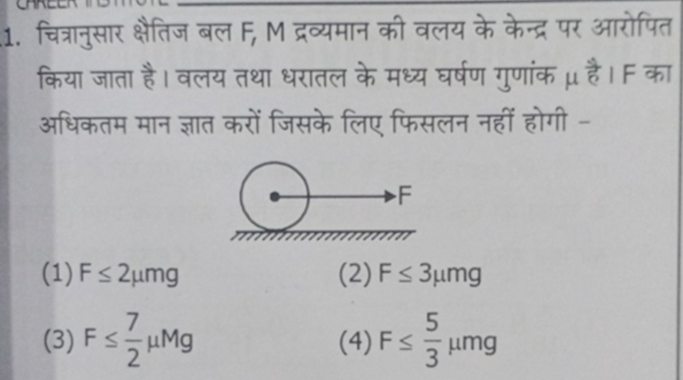 1. चित्रानुसार क्षैतिज बल F,M द्रव्यमान की वलय के केन्द्र पर आरोपित कि