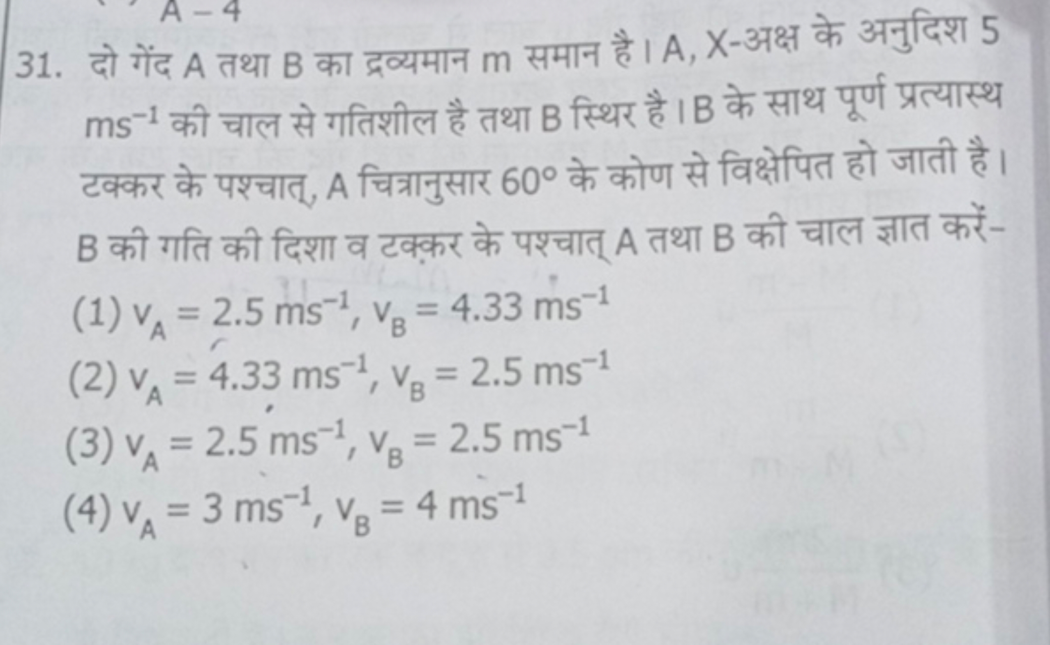 31. दो गेंद A तथा B का द्रव्यमान m समान है। A,X-अक्ष के अनुदिश 5 ms−1 