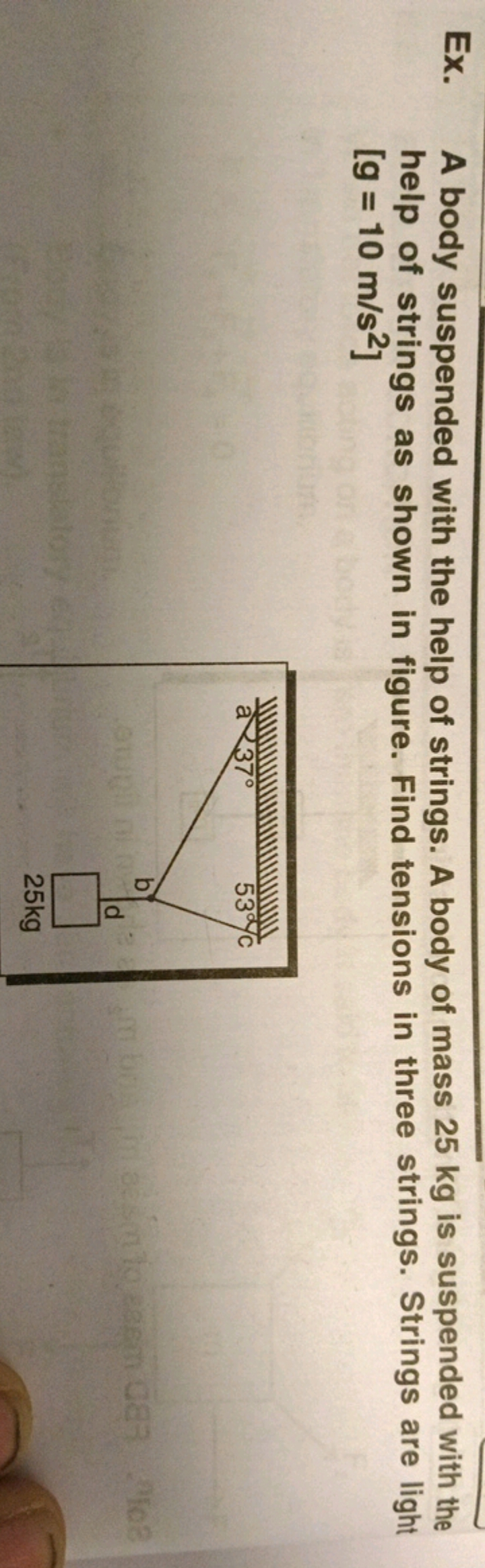 Ex. A body suspended with the help of strings. A body of mass 25 kg is