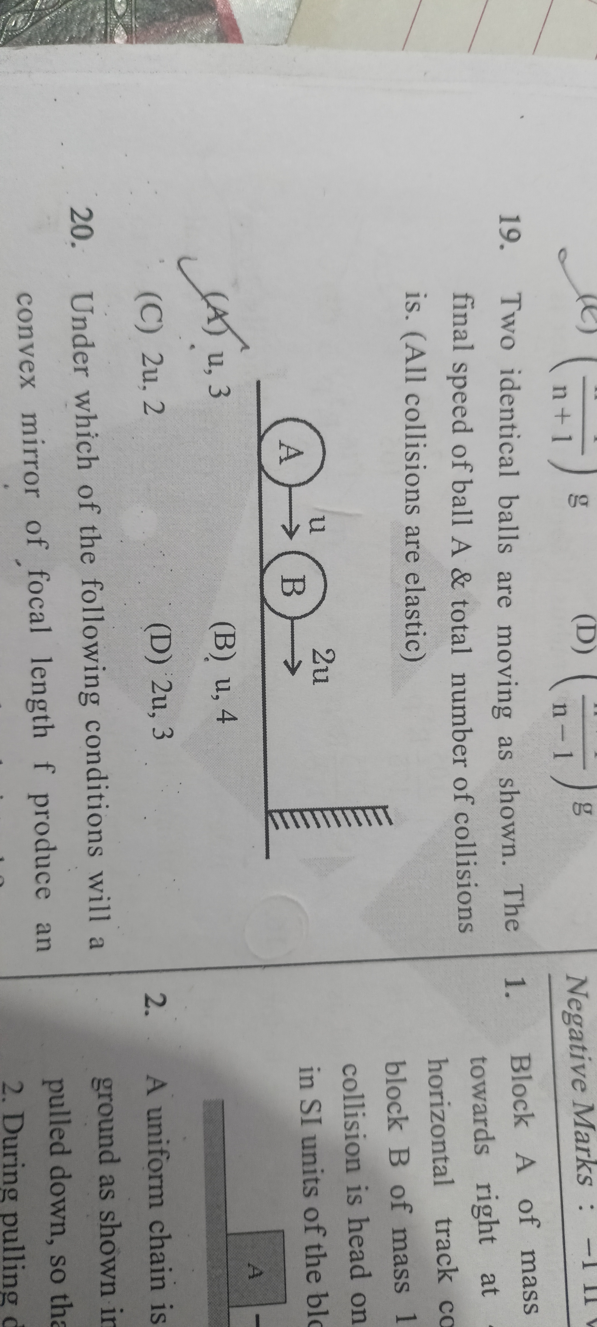 19. Two identical balls are moving as shown. The final speed of ball A