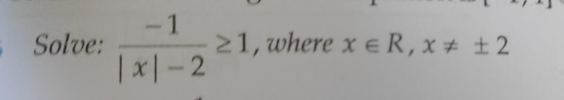 Solve: ∣x∣−2−1​≥1, where x∈R,x=±2