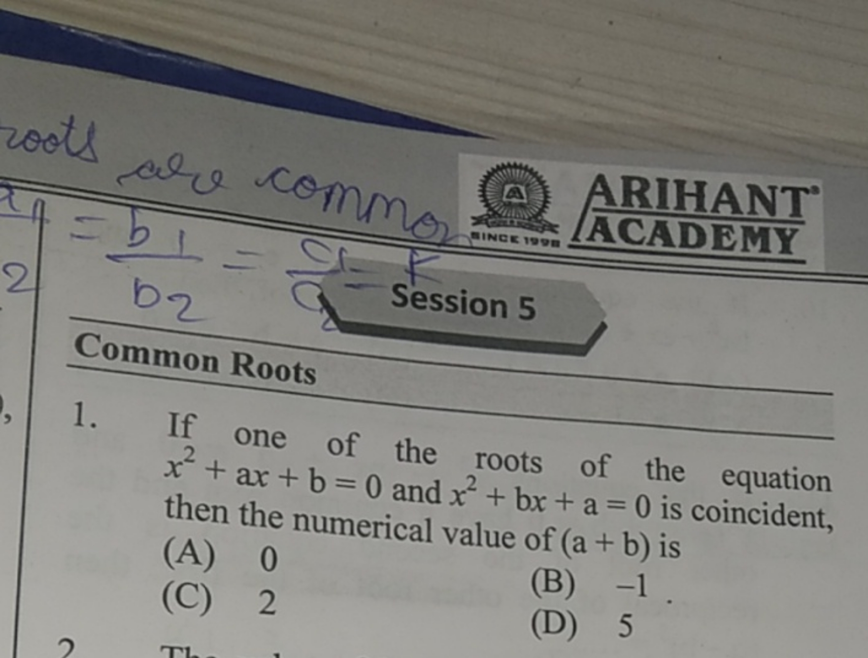 Common Roots
1. If one of the roots of the equation x2+ax+b=0 and x2+b