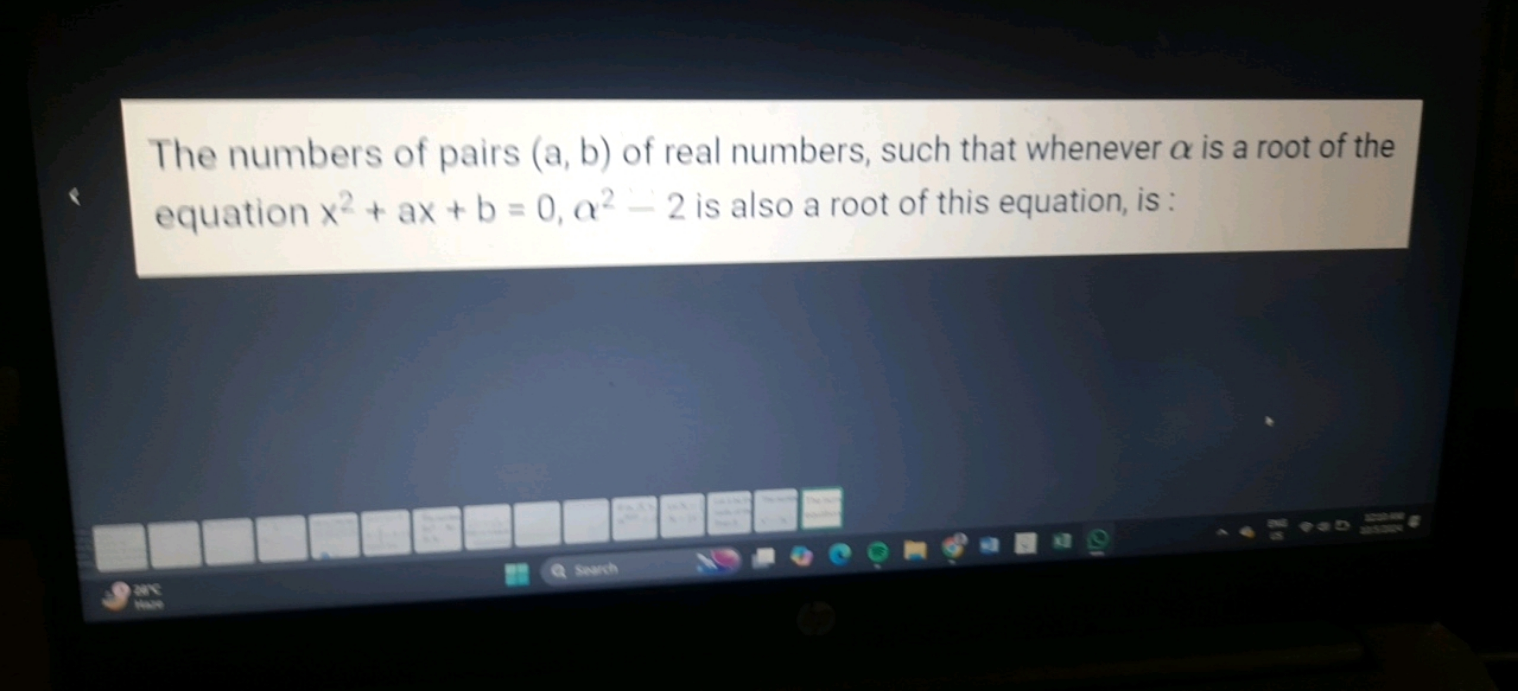 The numbers of pairs (a,b) of real numbers, such that whenever α is a 