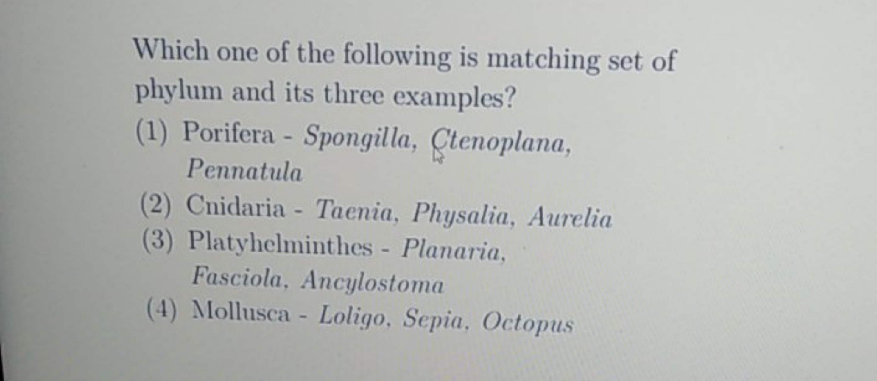 Which one of the following is matching set of phylum and its three exa