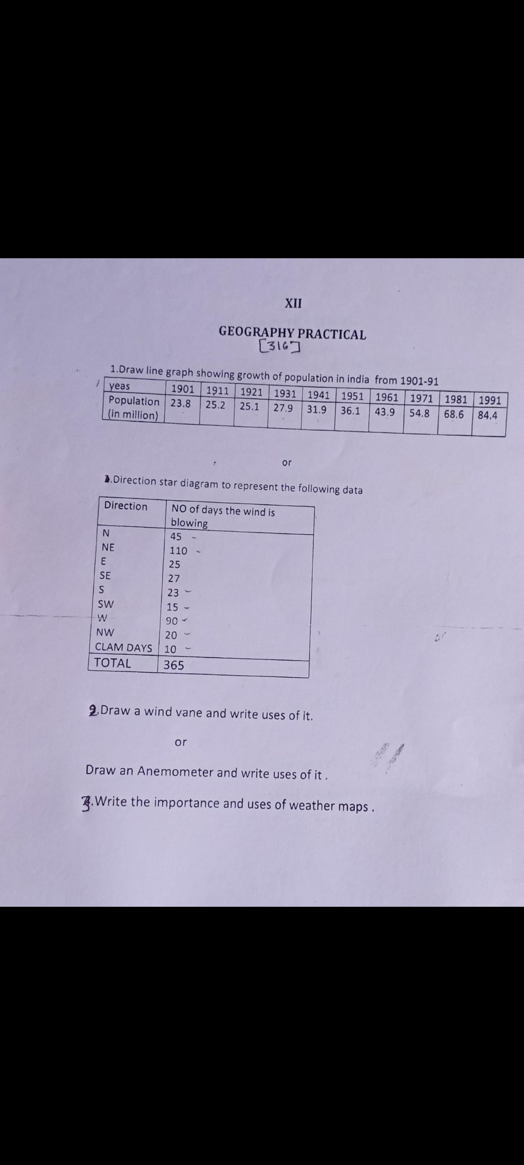 XII
GEOGRAPHY PRACTICAL
[316]
1. Draw line graph showing growth of pop