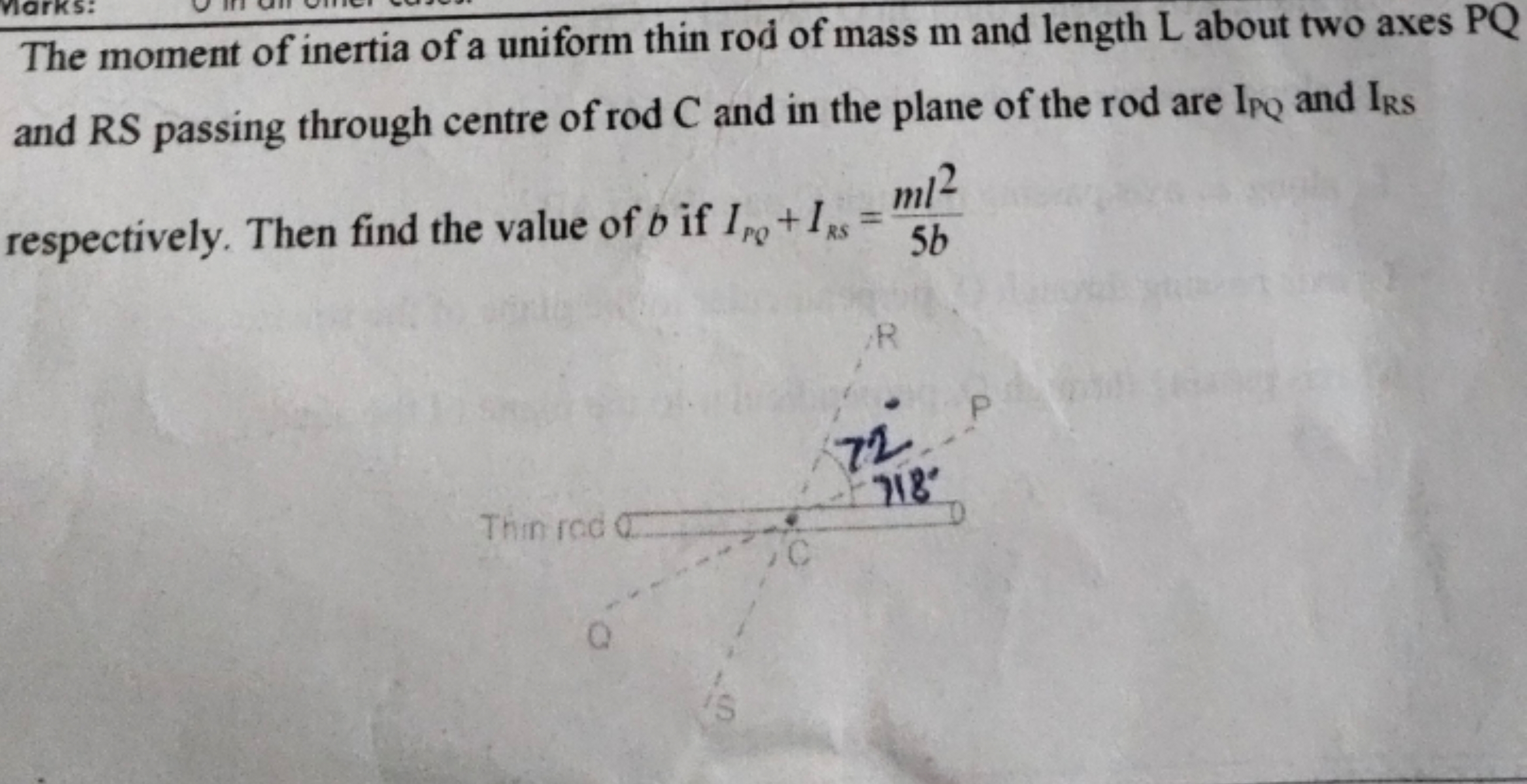 The moment of inertia of a uniform thin rod of mass m and length L abo