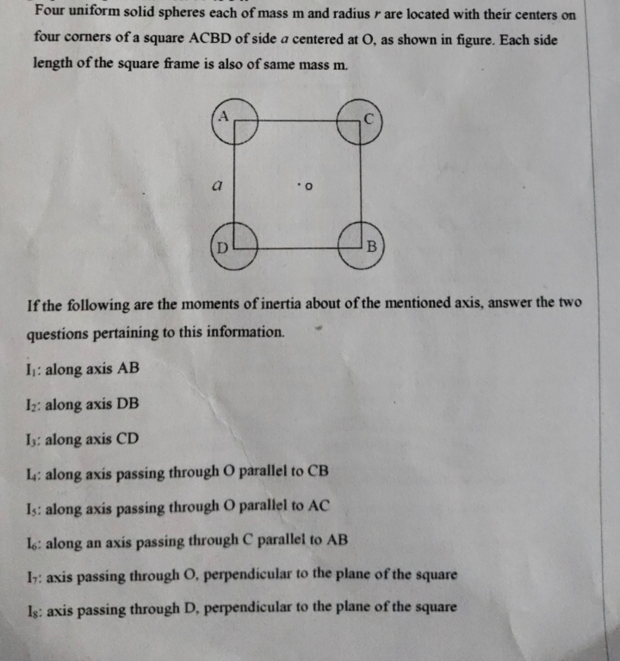 Four uniform solid spheres each of mass m and radius r are located wit