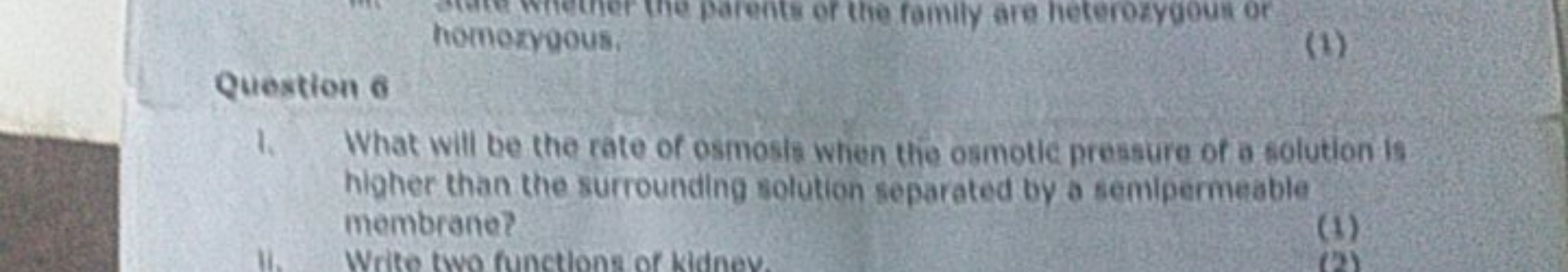 homoryous.
Question 6
(1)
1. What will be the rate of osmosis when the