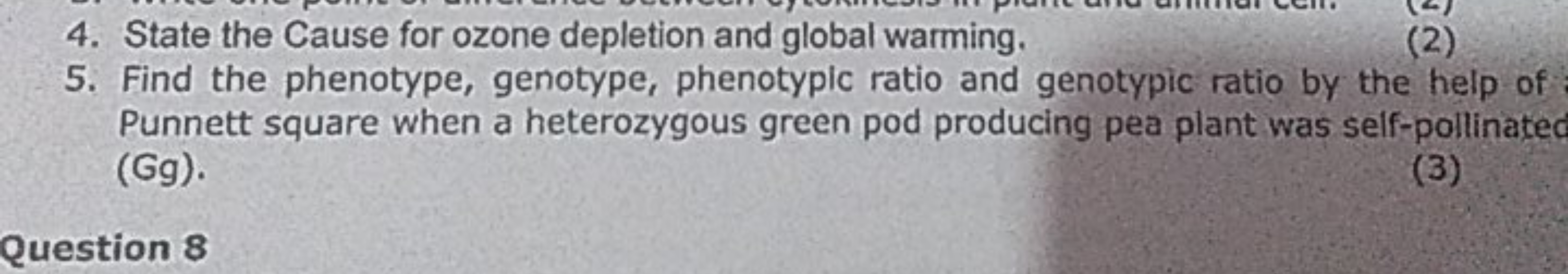 4. State the Cause for ozone depletion and global warming.
(2) 
5. Fin