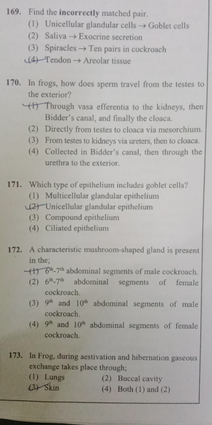 169. Find the incorrectly matched pair.
(1) Unicellular glandular cell