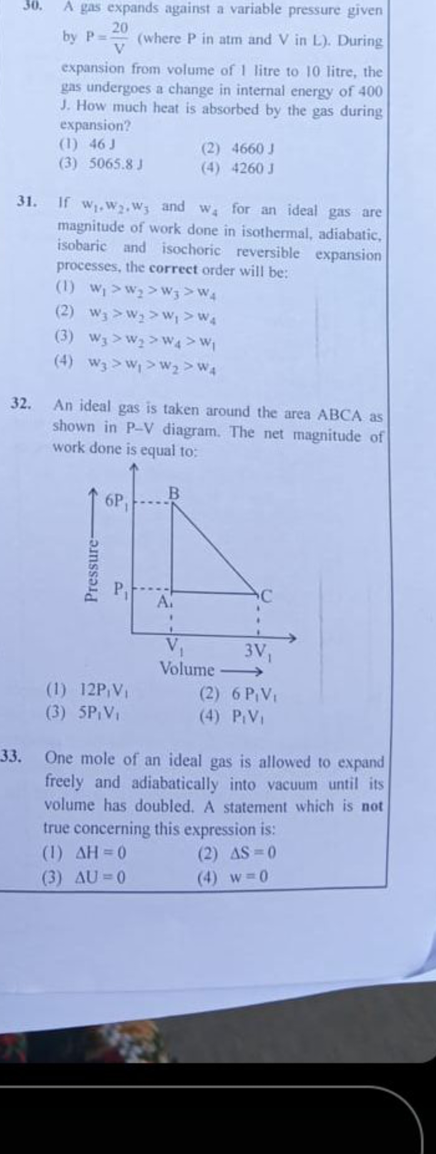 30. A gas expands against a variable pressure given by P= V20​ (where 