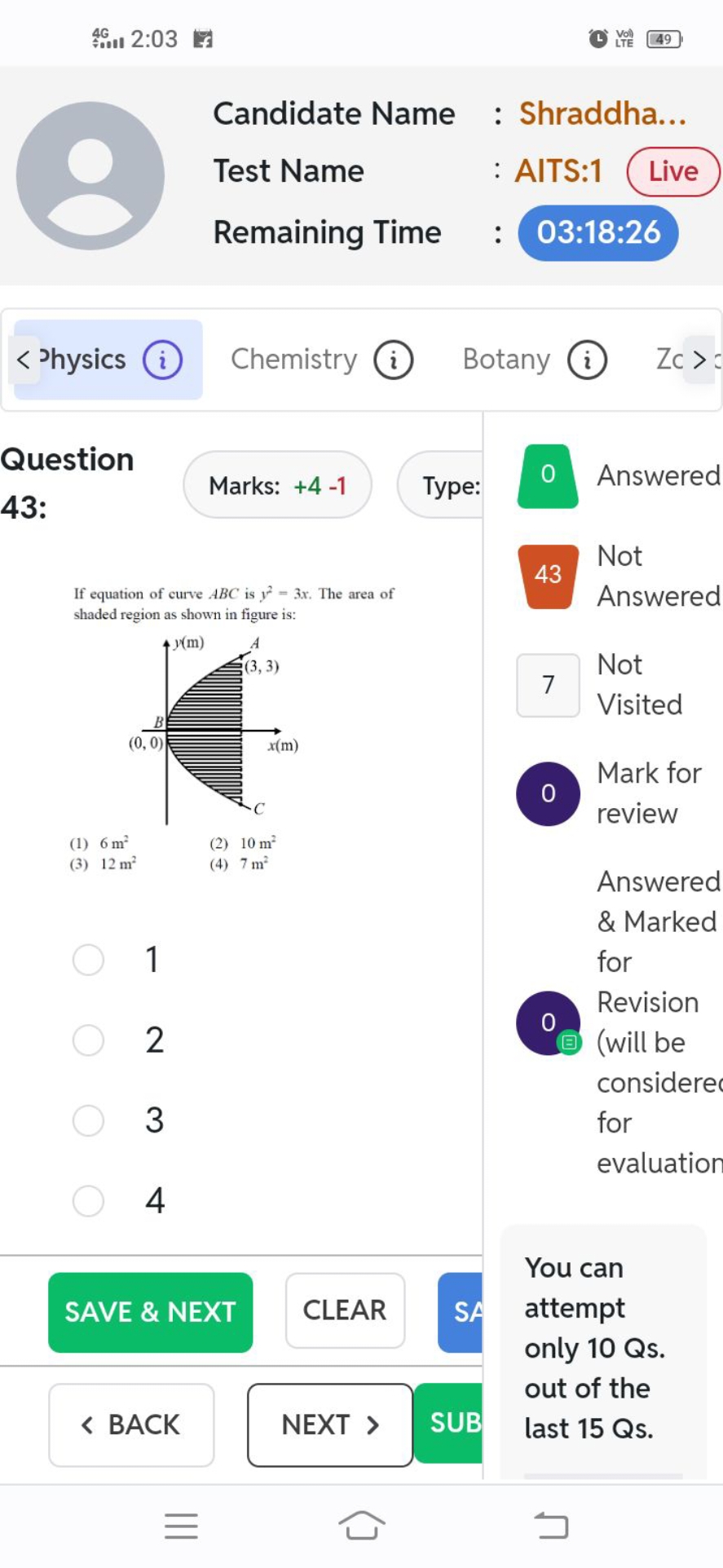 4.... 2:03 강
'LL) Voil
49

Candidate Name : Shraddha...
Test Name
: AI