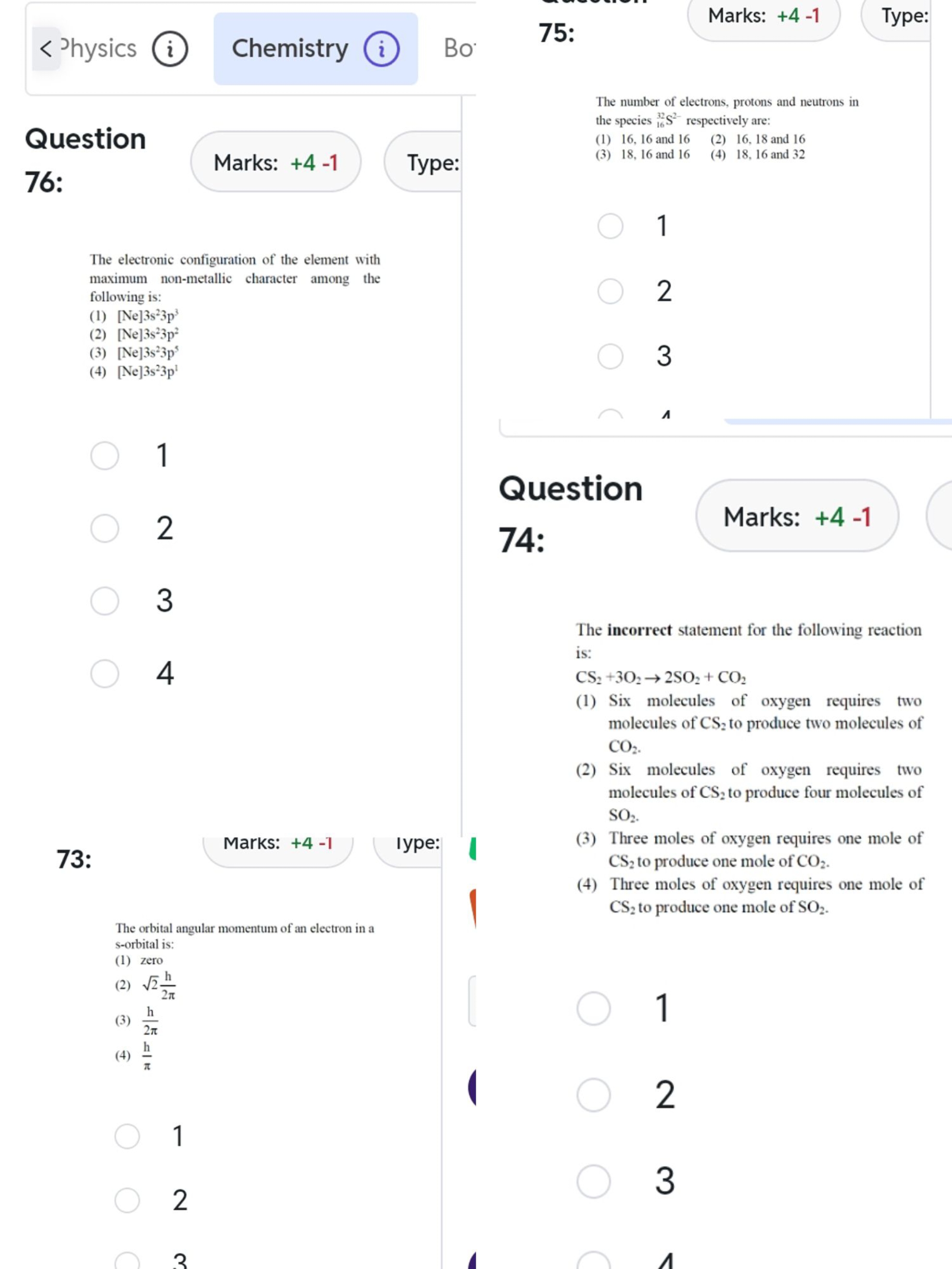 [Ne]3 s23p3
(2) [Ne]3 s23p2
(3) [Ne]3 s23p5
(4) [Ne]3 s23p1
1
2
3
4
73