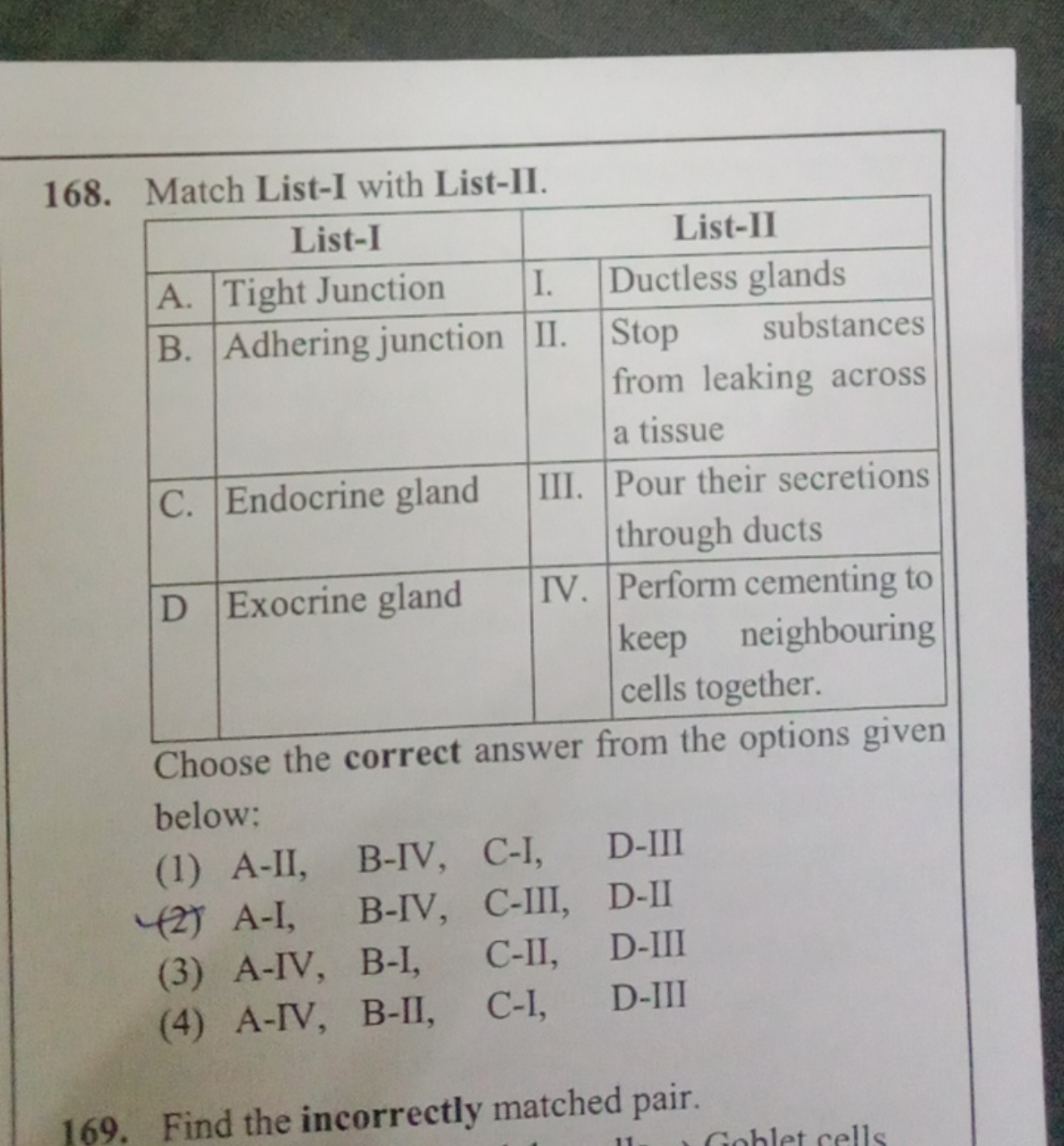 168. Match List-I with List-II.
Match List-I with List-II.
\begin{tabu