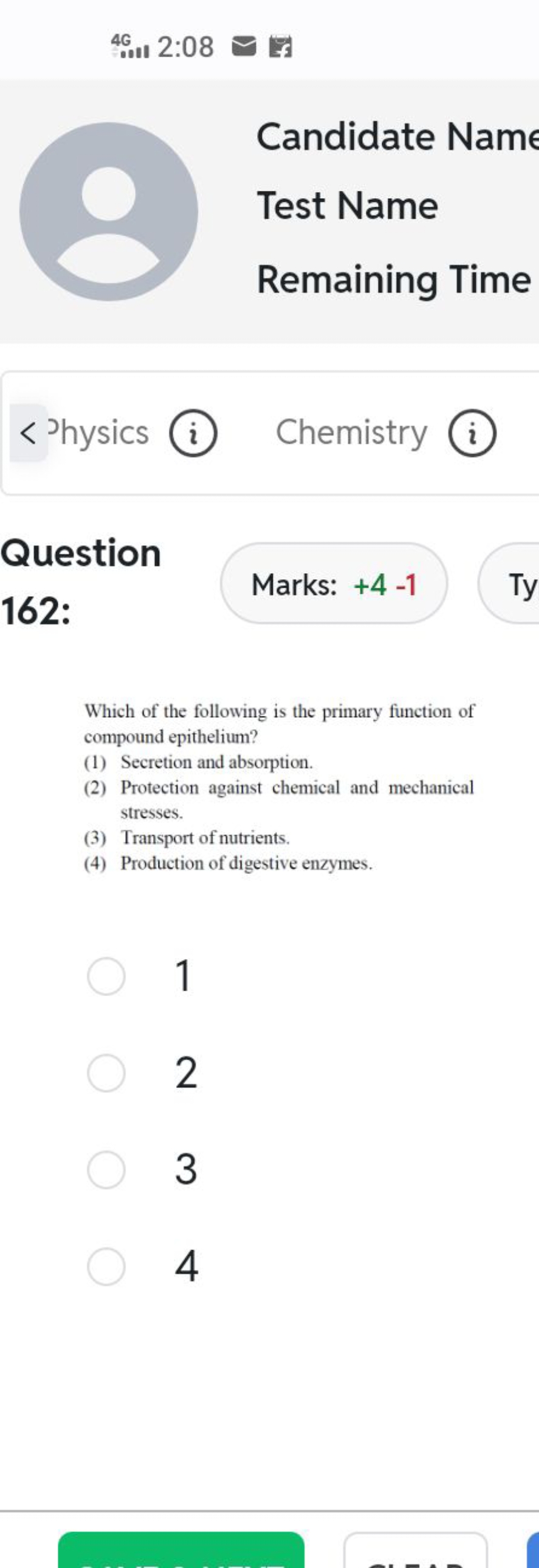 4G 2:08 □
Candidate Name
Test Name
Remaining Time
□
Marks: + 4 -1

Whi