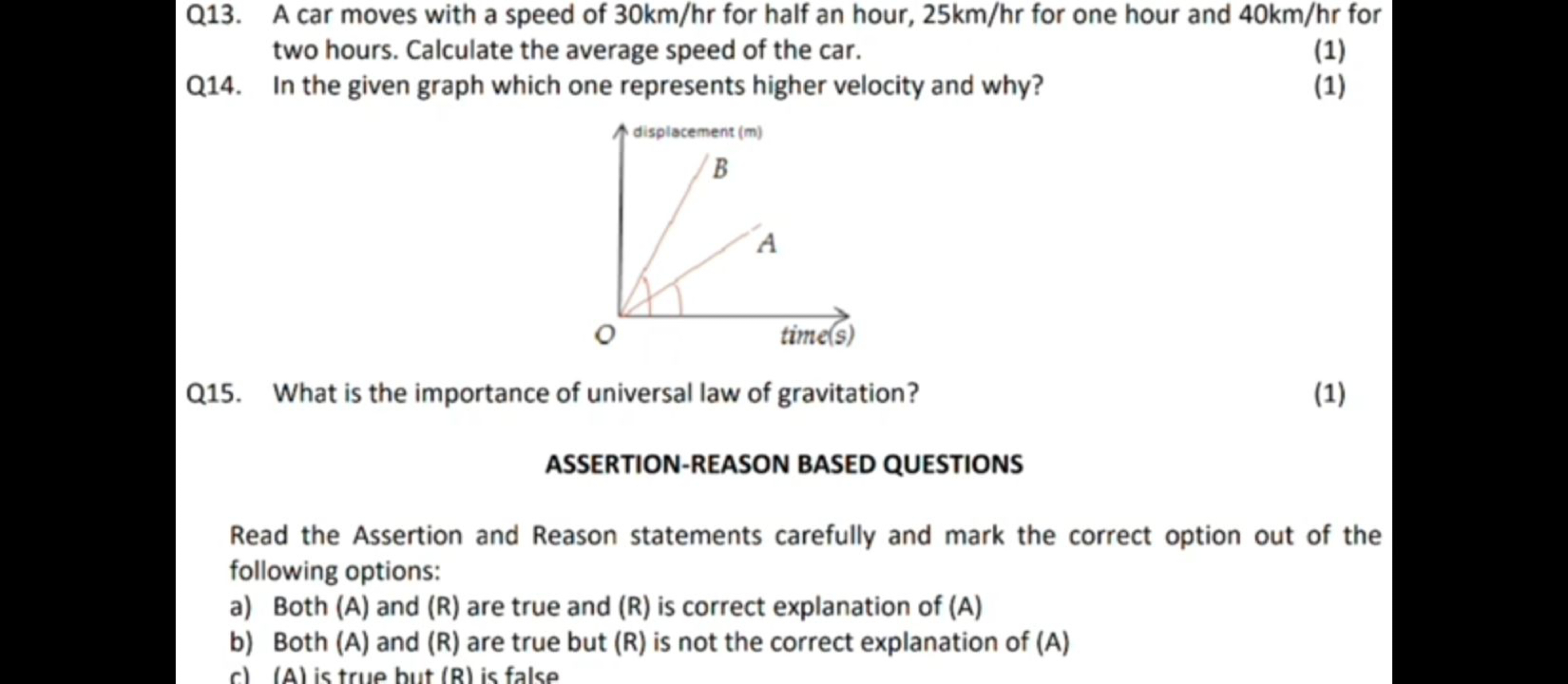 Q13. A car moves with a speed of 30km/hr for half an hour, 25km/hr for