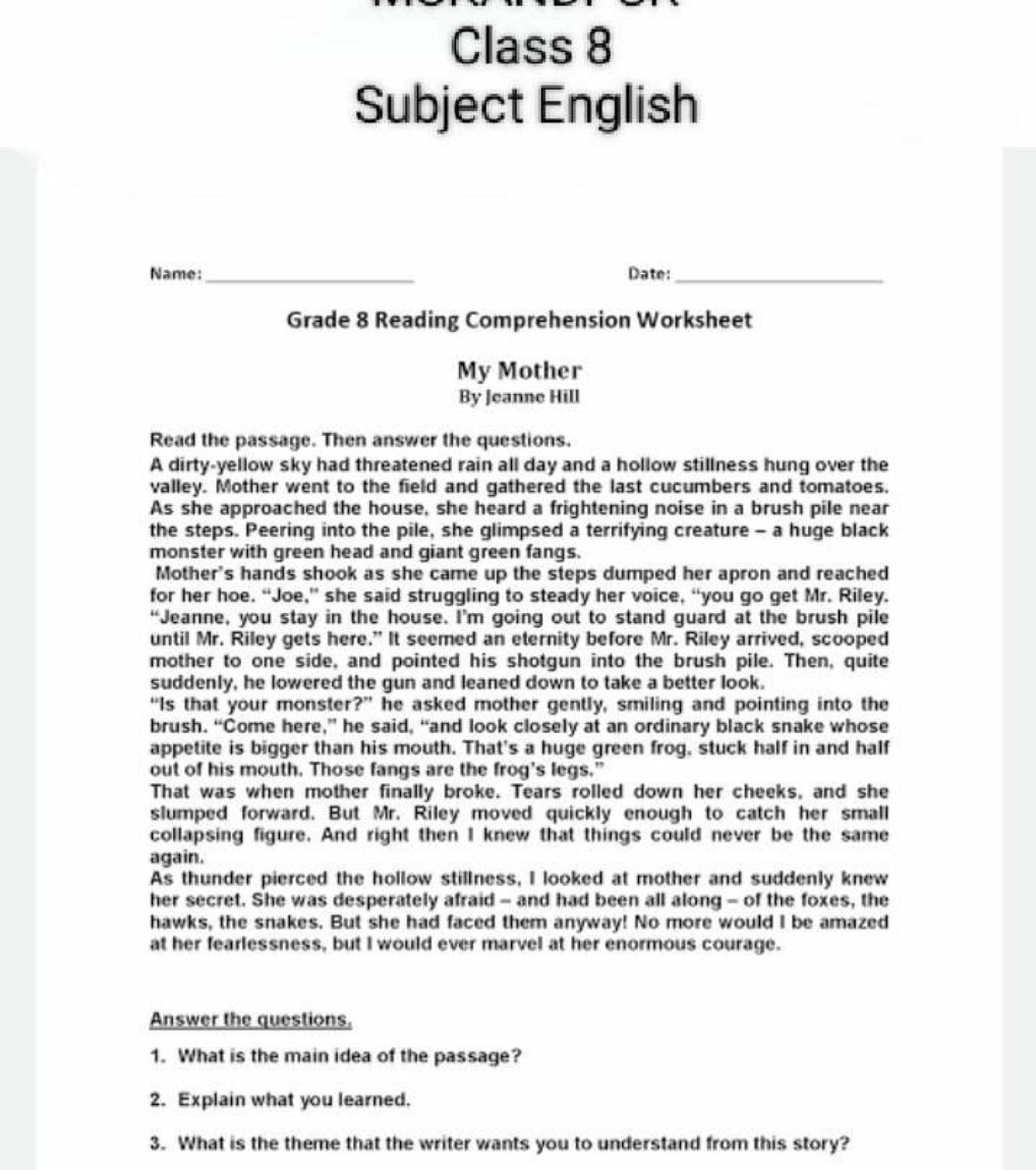 Class 8
Subject English

Name: 
Date: 
Grade 8 Reading Comprehension W