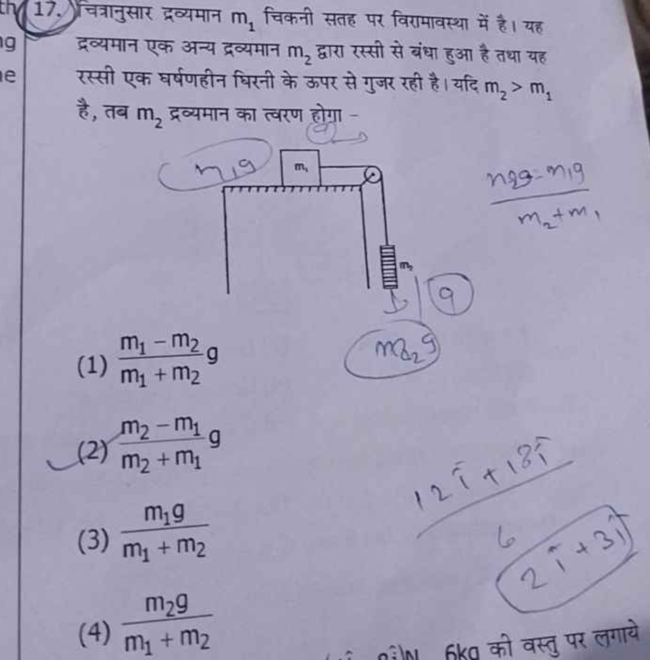 17. चित्रानुसार द्रव्यमान m1​ चिकनी सतह पर विरामावस्था में है। यह द्रव