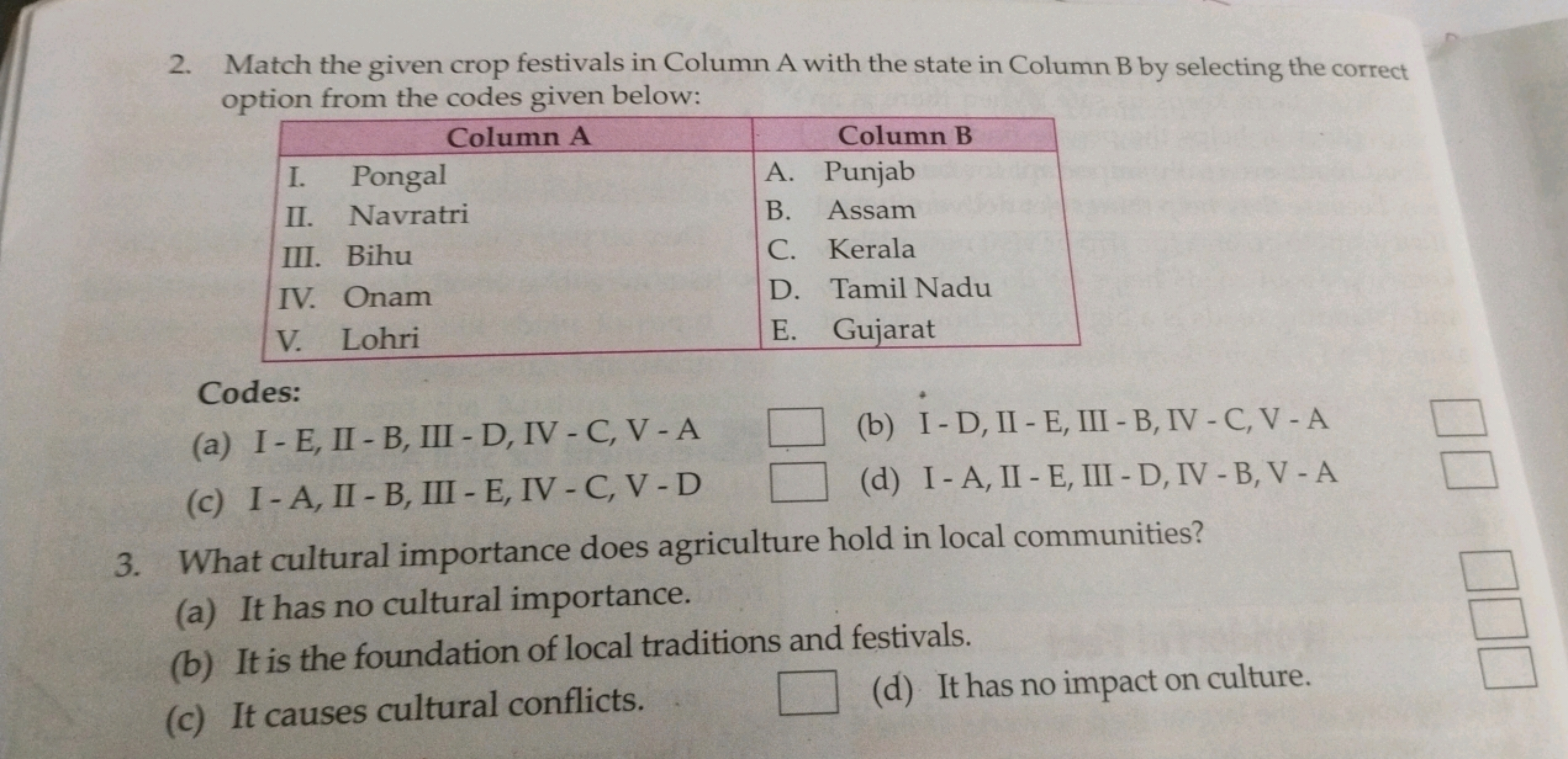 2. Match the given crop festivals in Column A with the state in Column