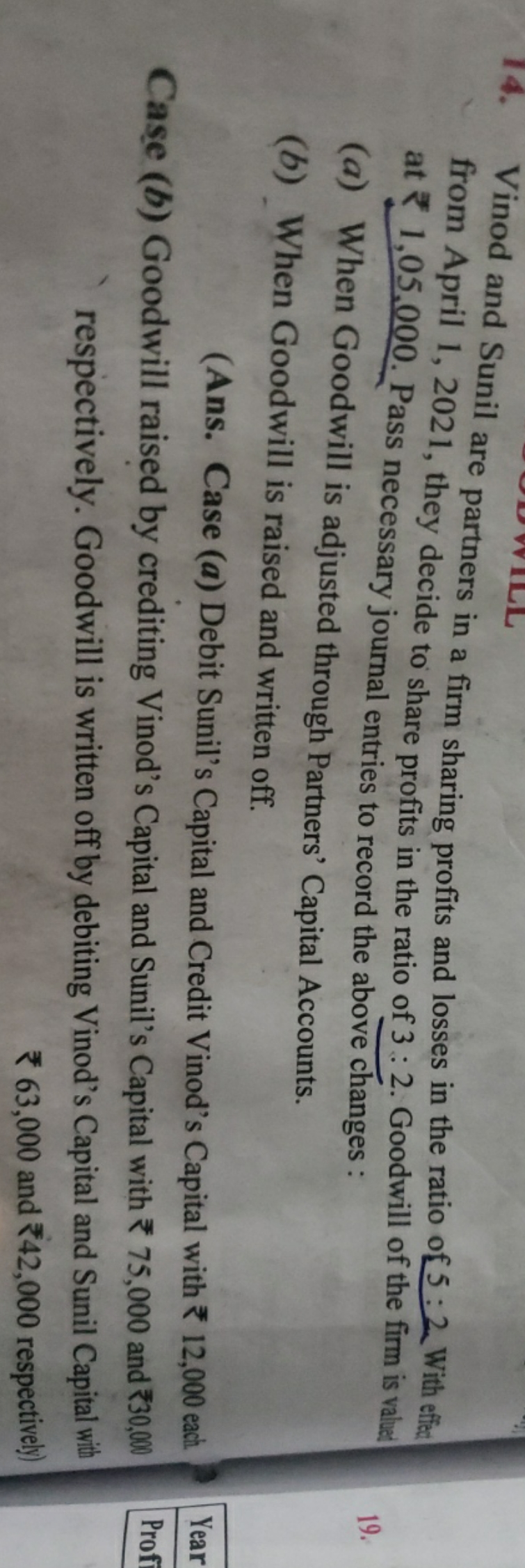 14. Vinod and Sunil are partners in a firm sharing profits and losses 