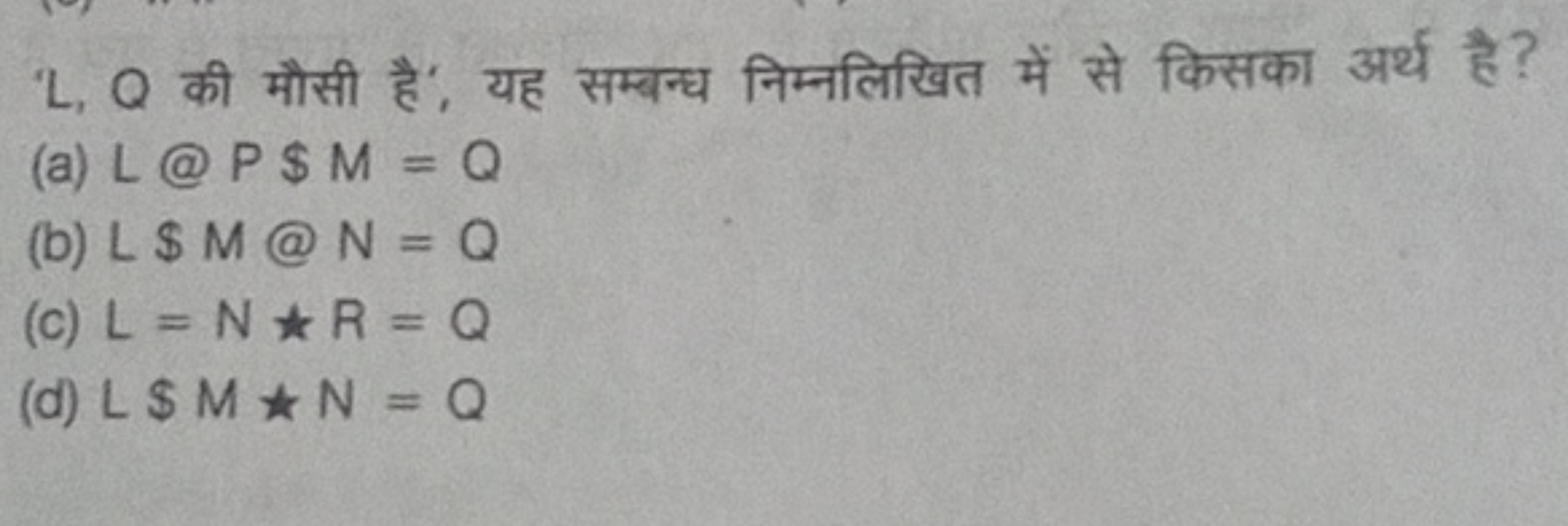 L,Q की मौसी हैं, यह सम्बन्ध निम्नलिखित में से किसका अर्थ है?
(a) L @ P