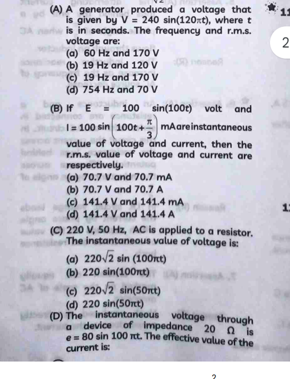 (A) A generator produced a voltage that is given by V=240sin(120πt), w