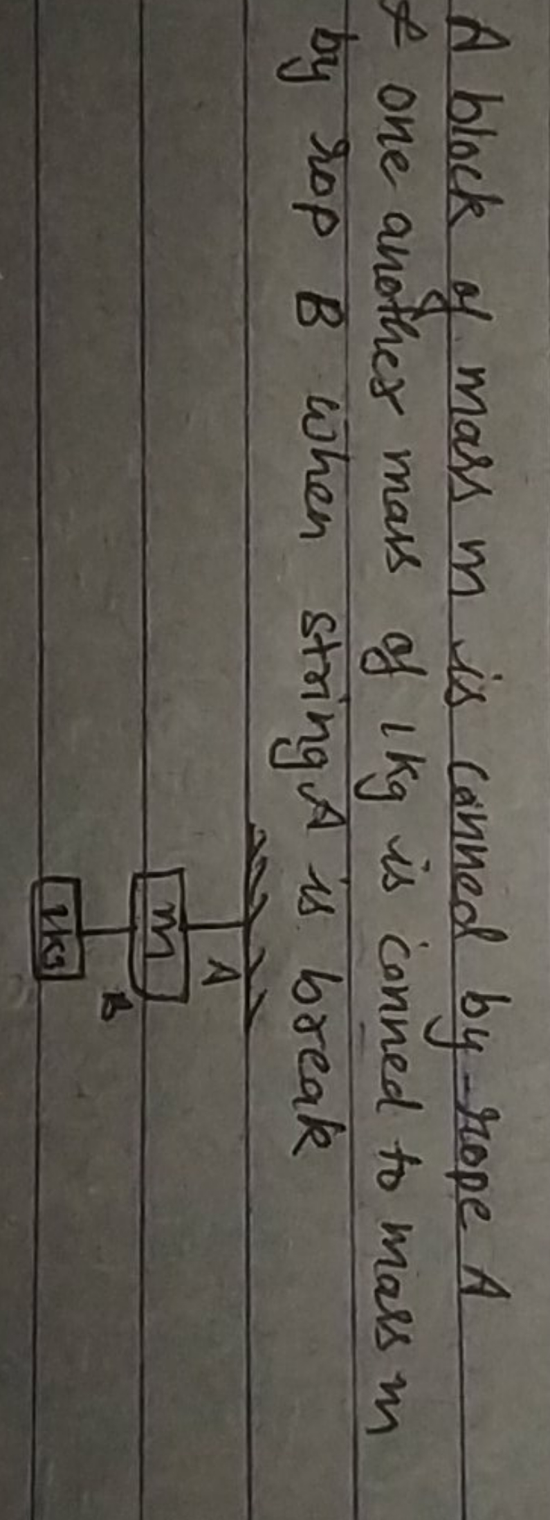 A block of mass m is conned by rope A & one another mass of i kg is co