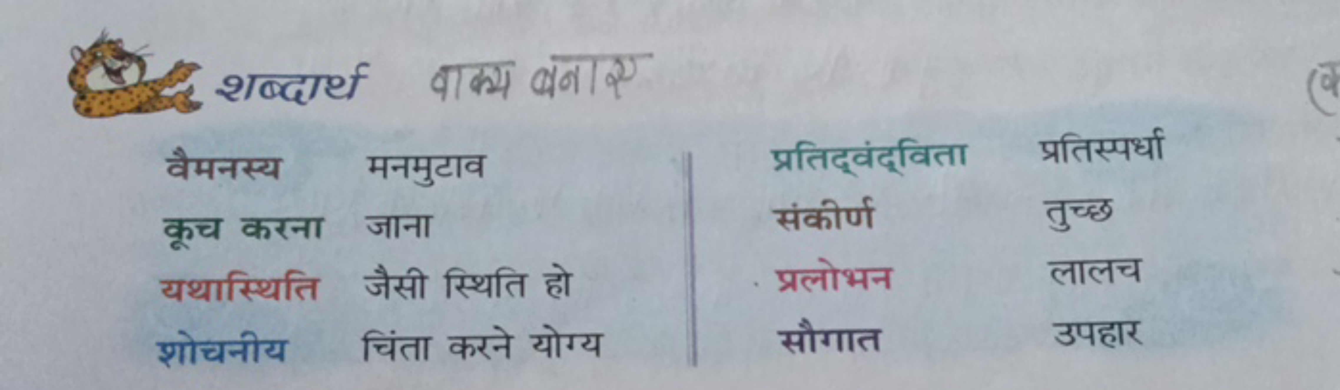 7. शब्दार्थ वाक्य बनाए

वैमनस्य मनमुटाव
कूच करना जाना
यथास्थिति जैसी स