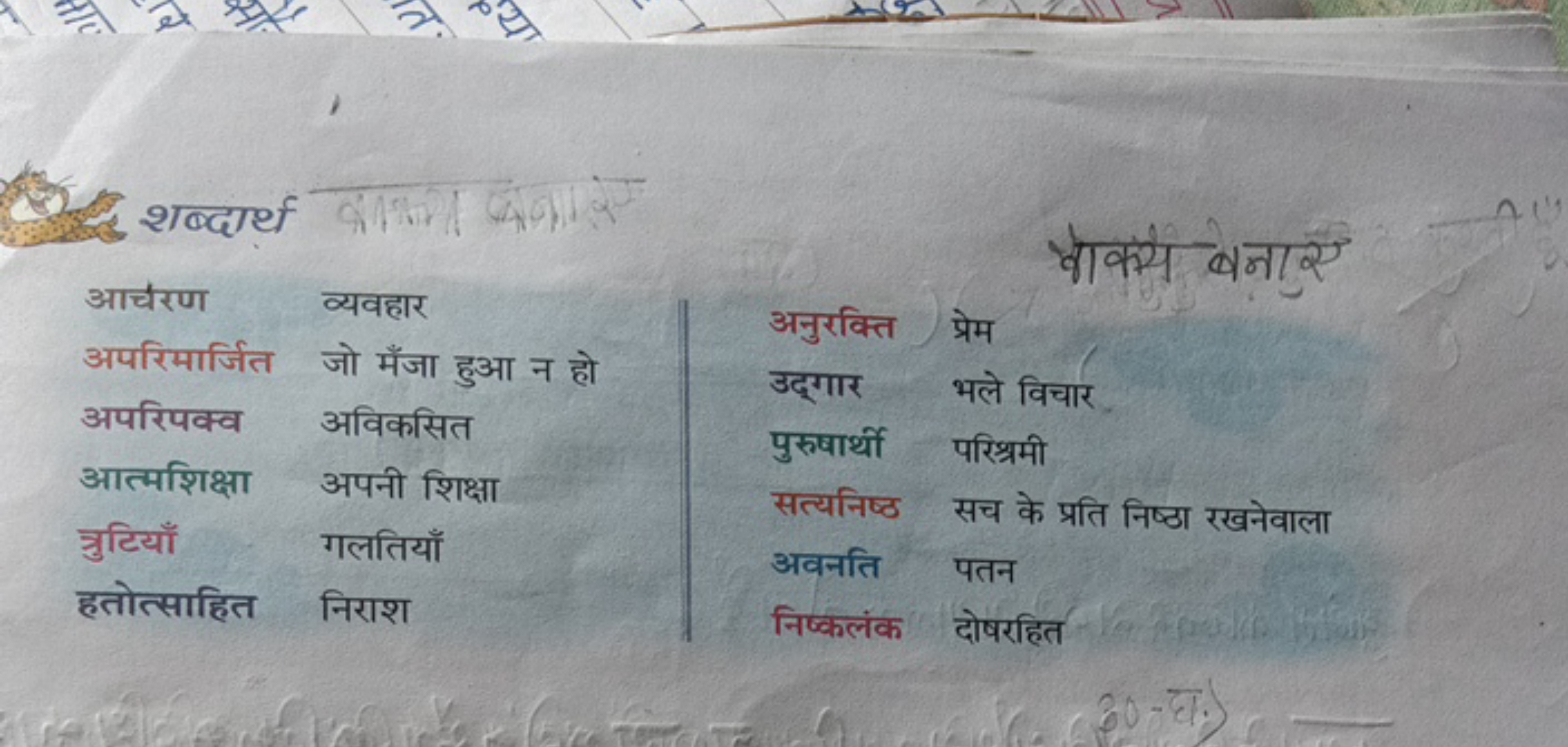 शब्दार्थ
आर्रण
अपरिमार्जित
अपरिपक्व
आत्मशिक्षा
त्रुटियाँ
हतोत्साहित

व