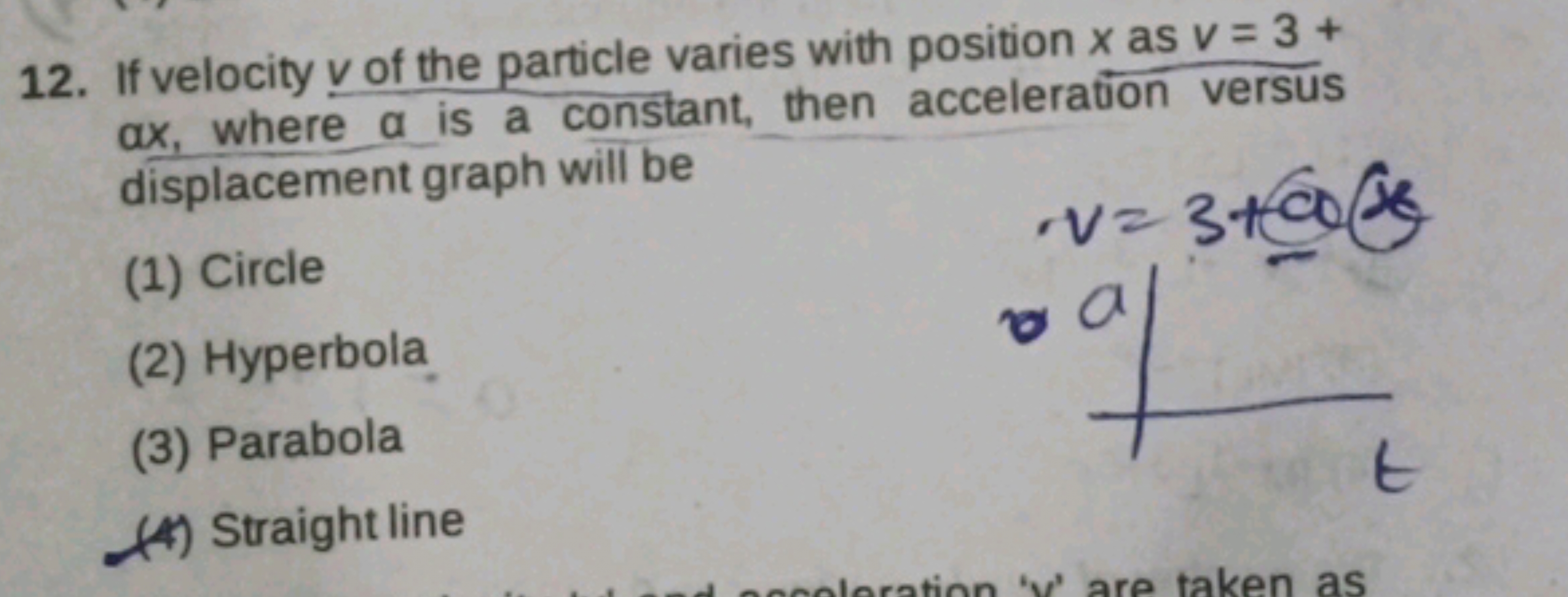 12. If velocity v of the particle varies with position x as v=3+ αx, w