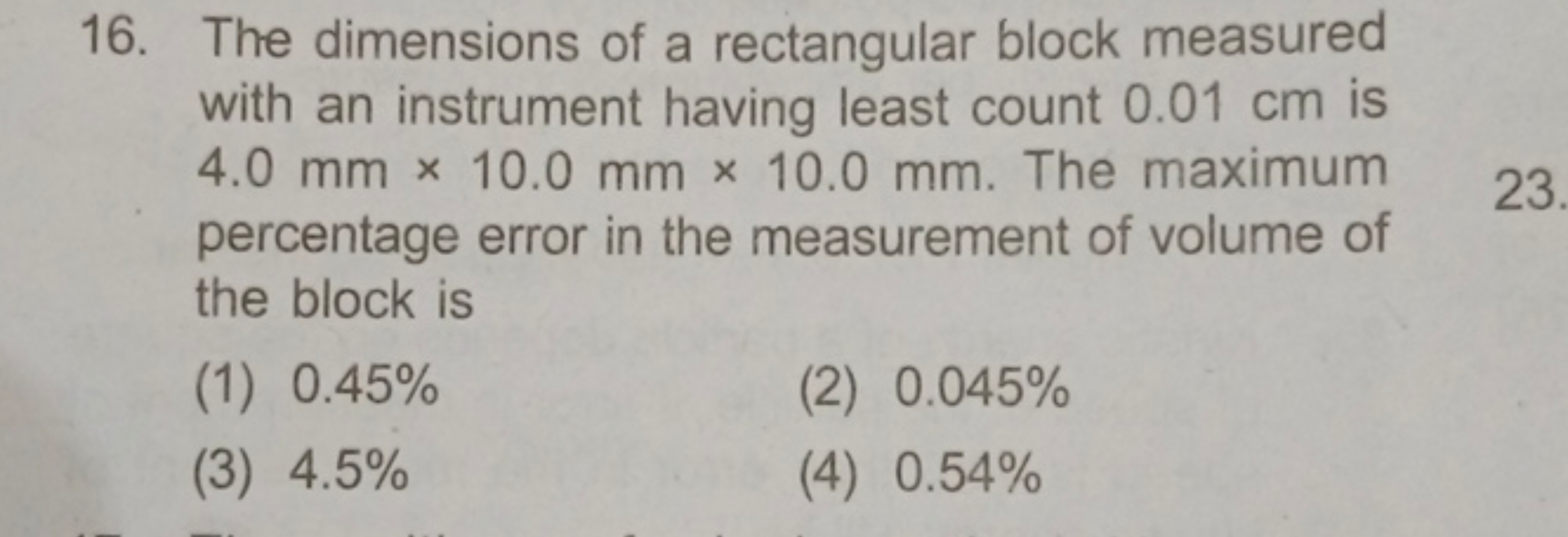 16. The dimensions of a rectangular block measured with an instrument 