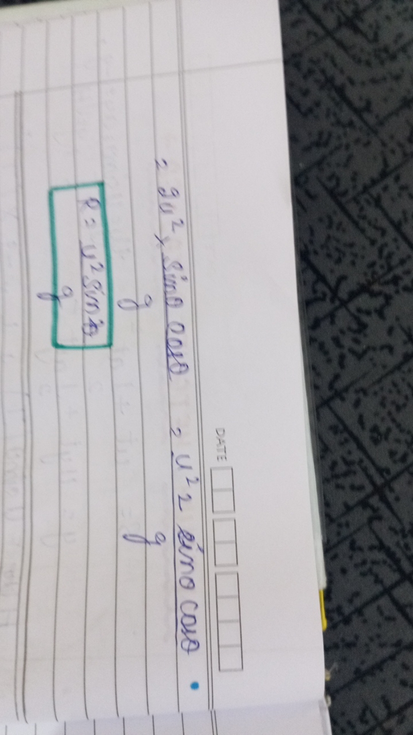 =2u2×gsinθcosθ​=gu2​gsinθcosθ​R=qu2sin2​​