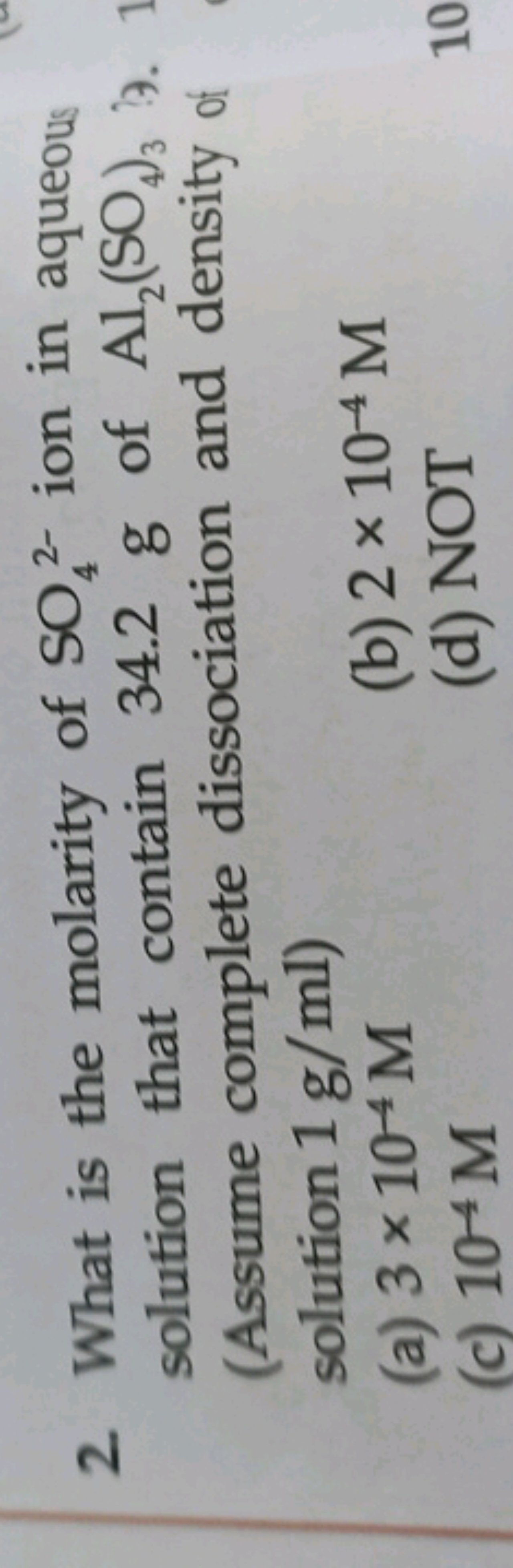 2. What is the molarity of SO42−​ ion in aqueous solution that contain