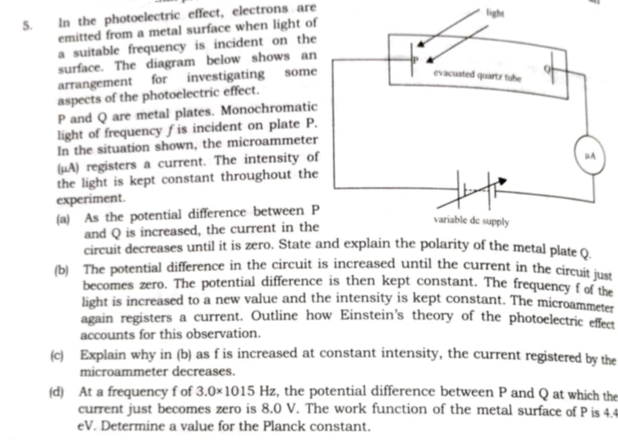 5. In the photoelectric effect, electrons are emitted from a metal sur