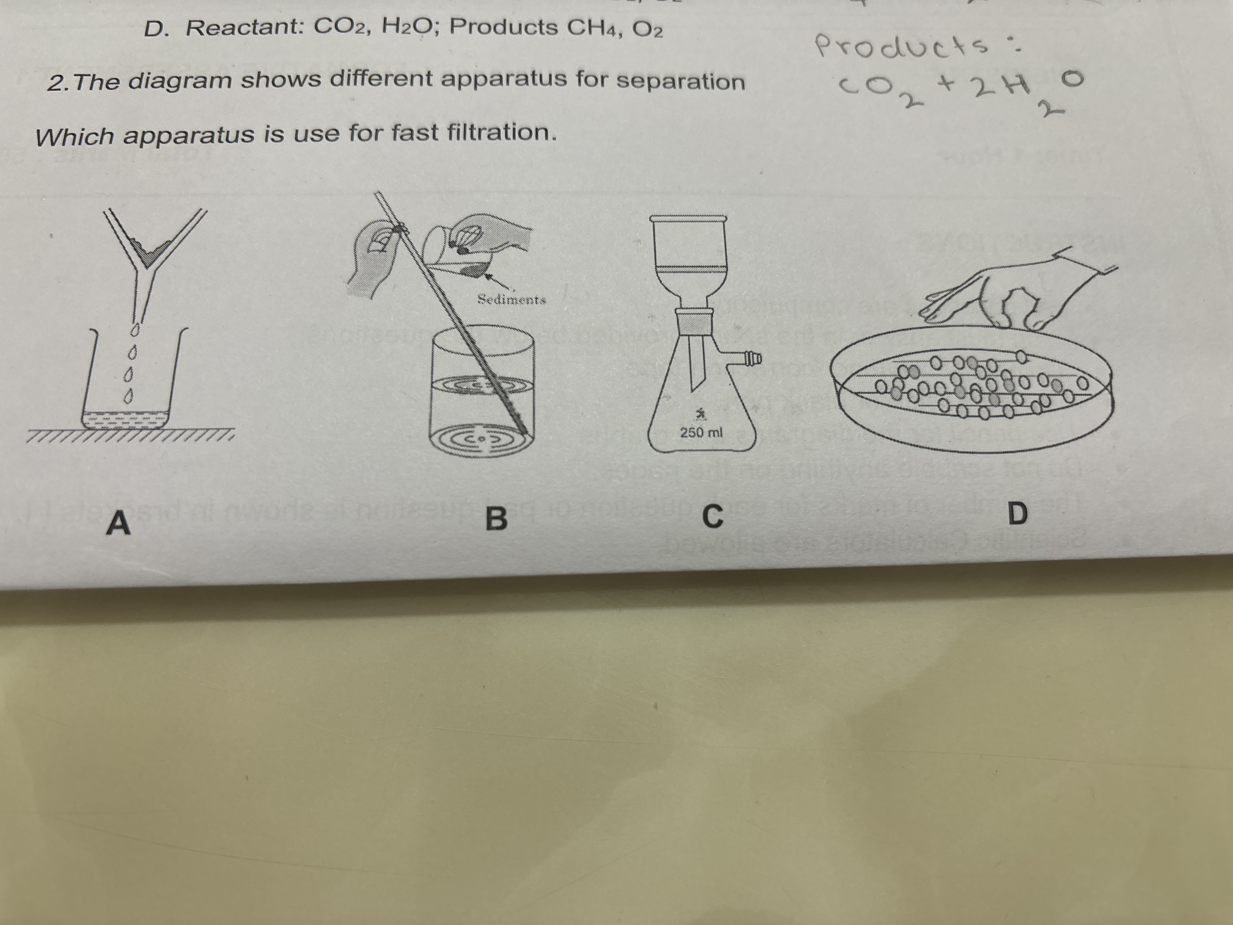 D. Reactant: CO2​,H2​O; Products CH4​,O2​
2. The diagram shows differe