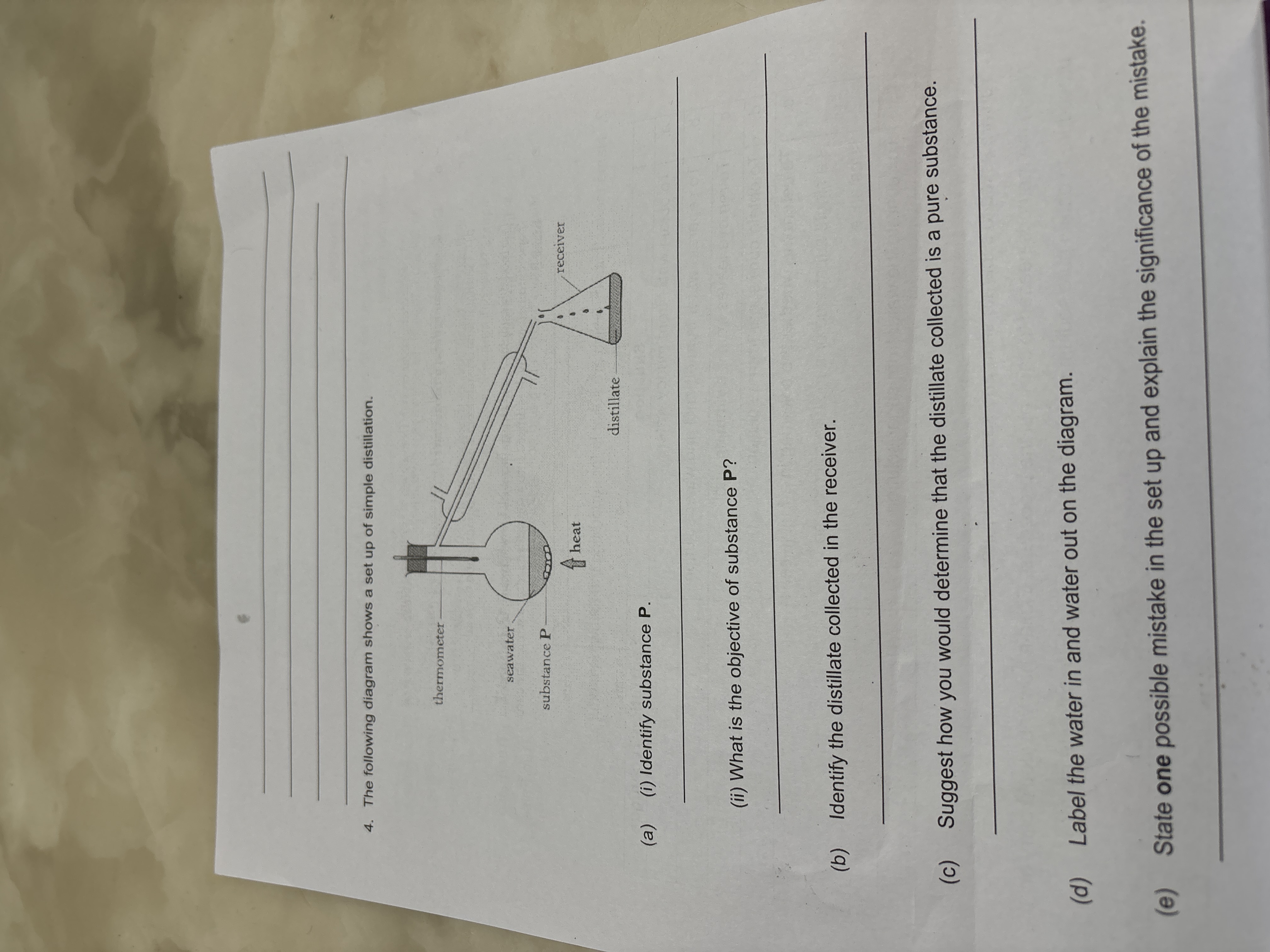    
4. The following diagram shows a set up of simple distillation.
(a