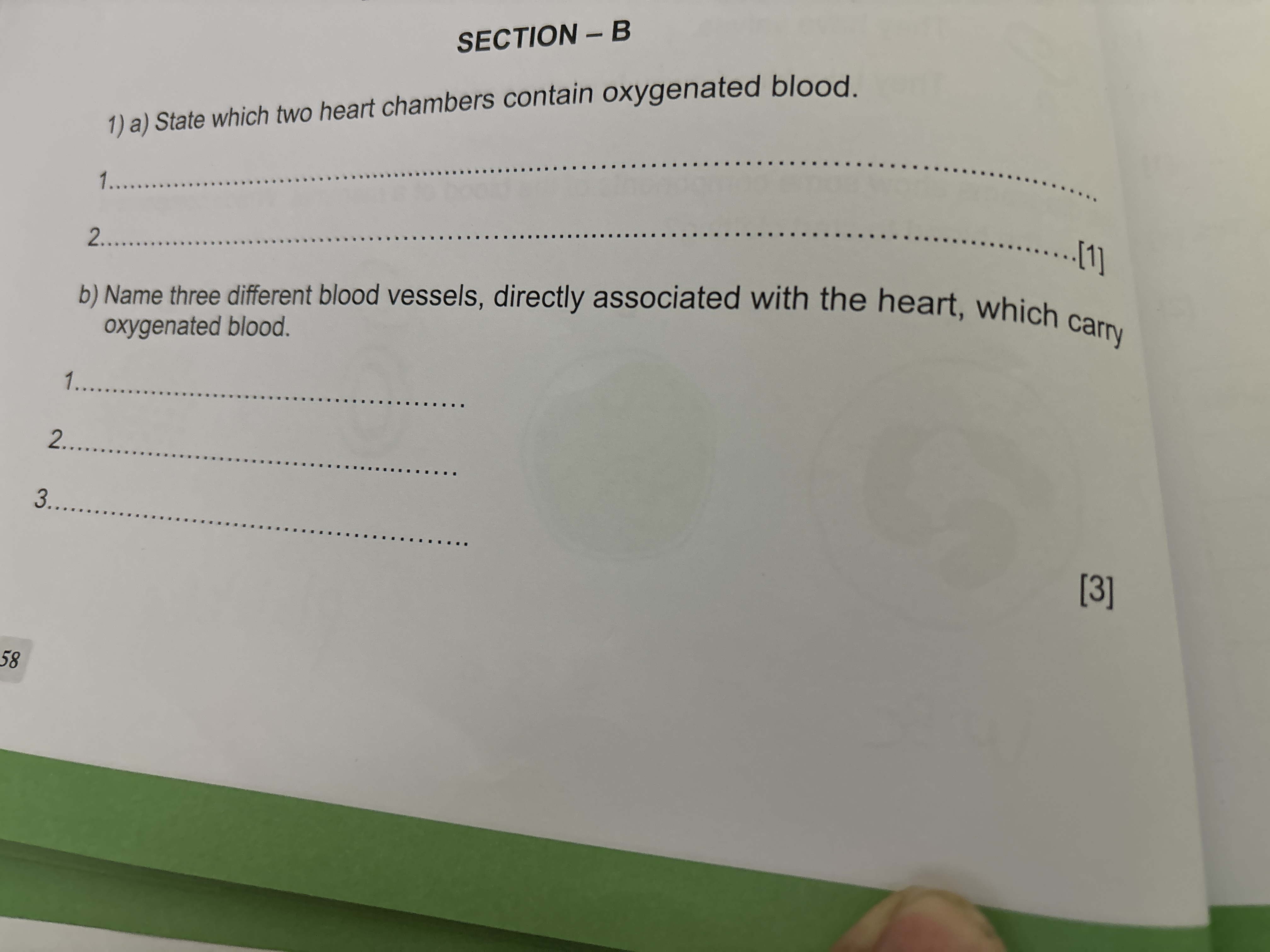 SECTION - B
1) a) State which two heart chambers contain oxygenated bl