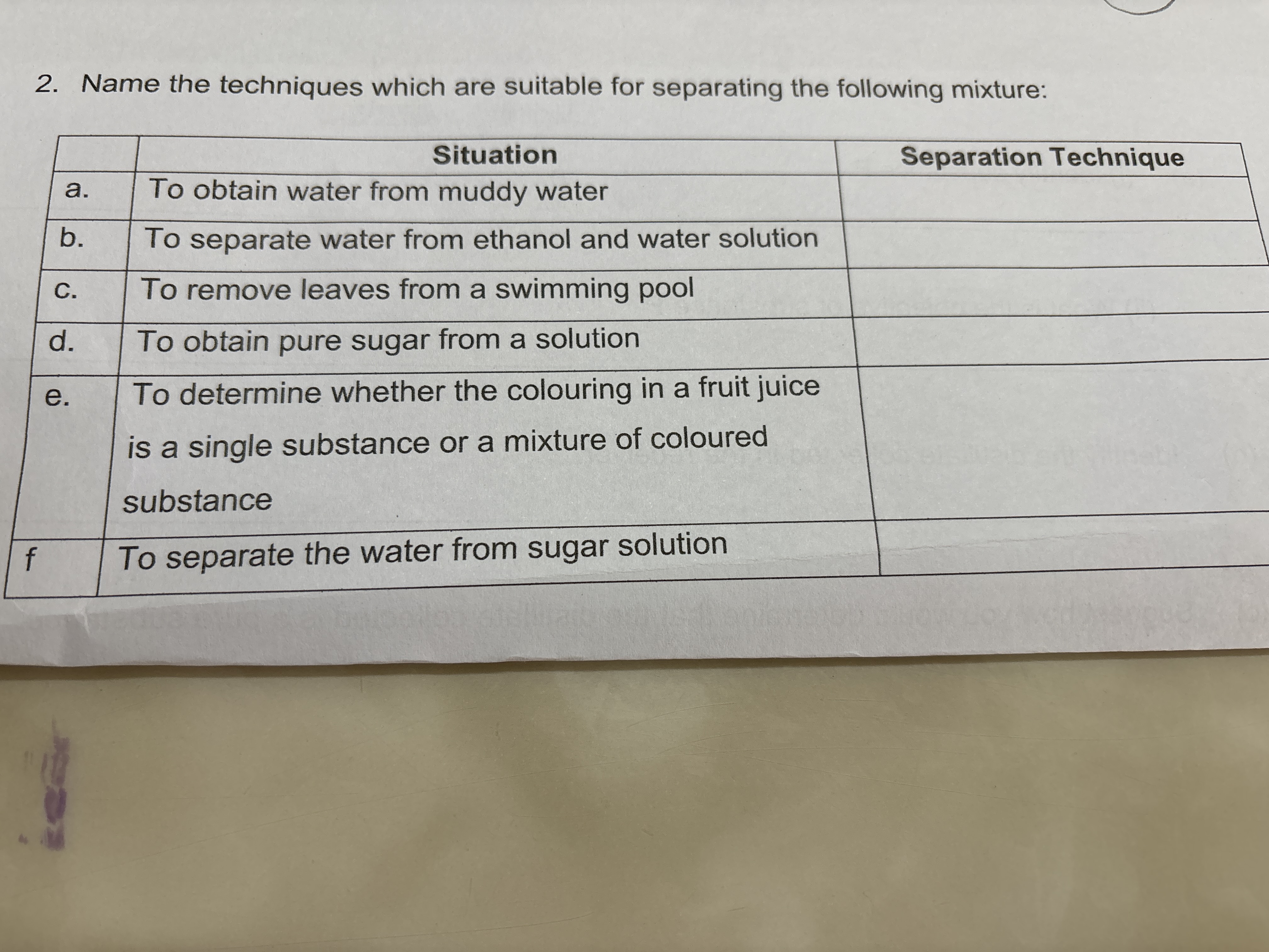 2. Name the techniques which are suitable for separating the following