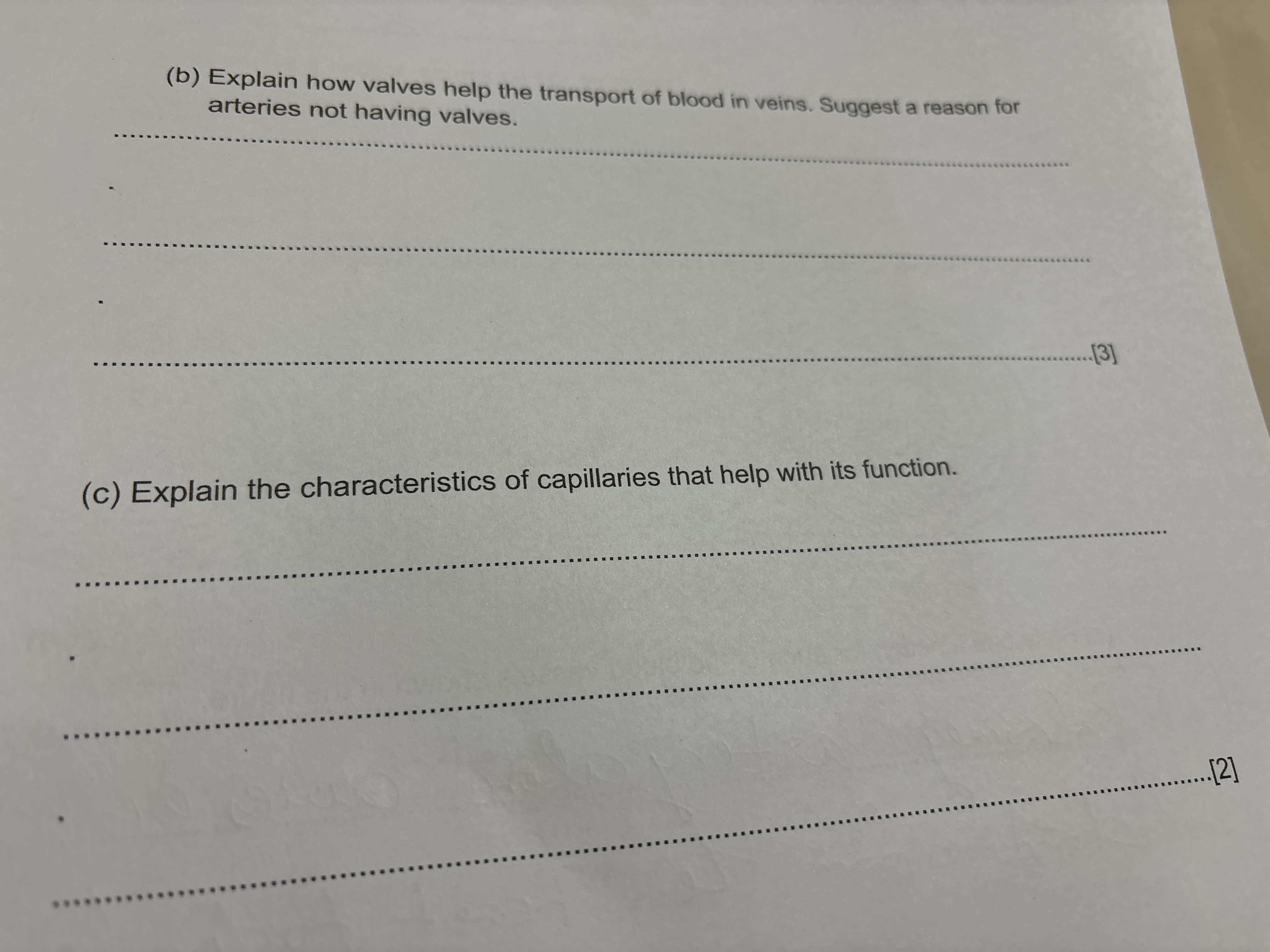 (b) Explain how valves help the transport of blood in veins. Suggest a