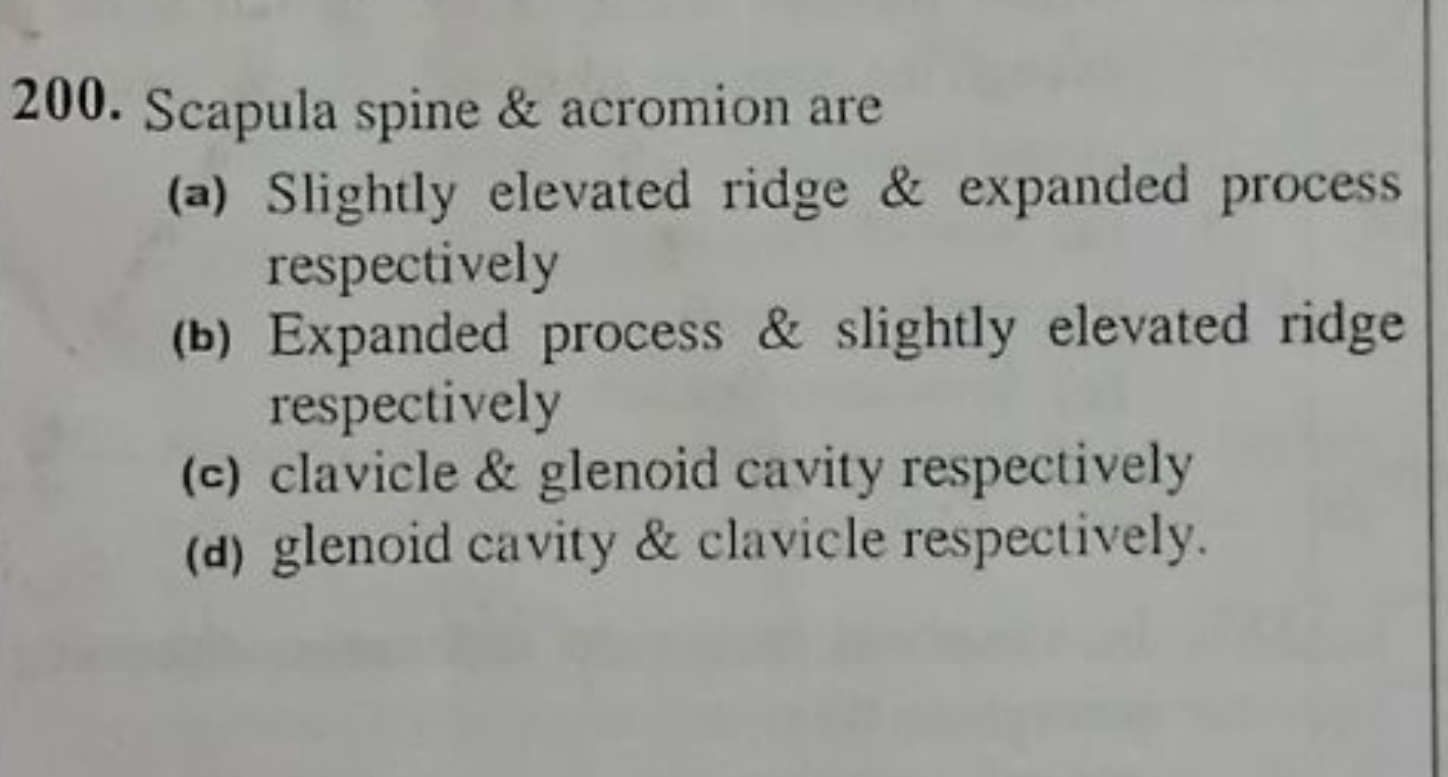 200. Scapula spine \& acromion are
(a) Slightly elevated ridge \& expa