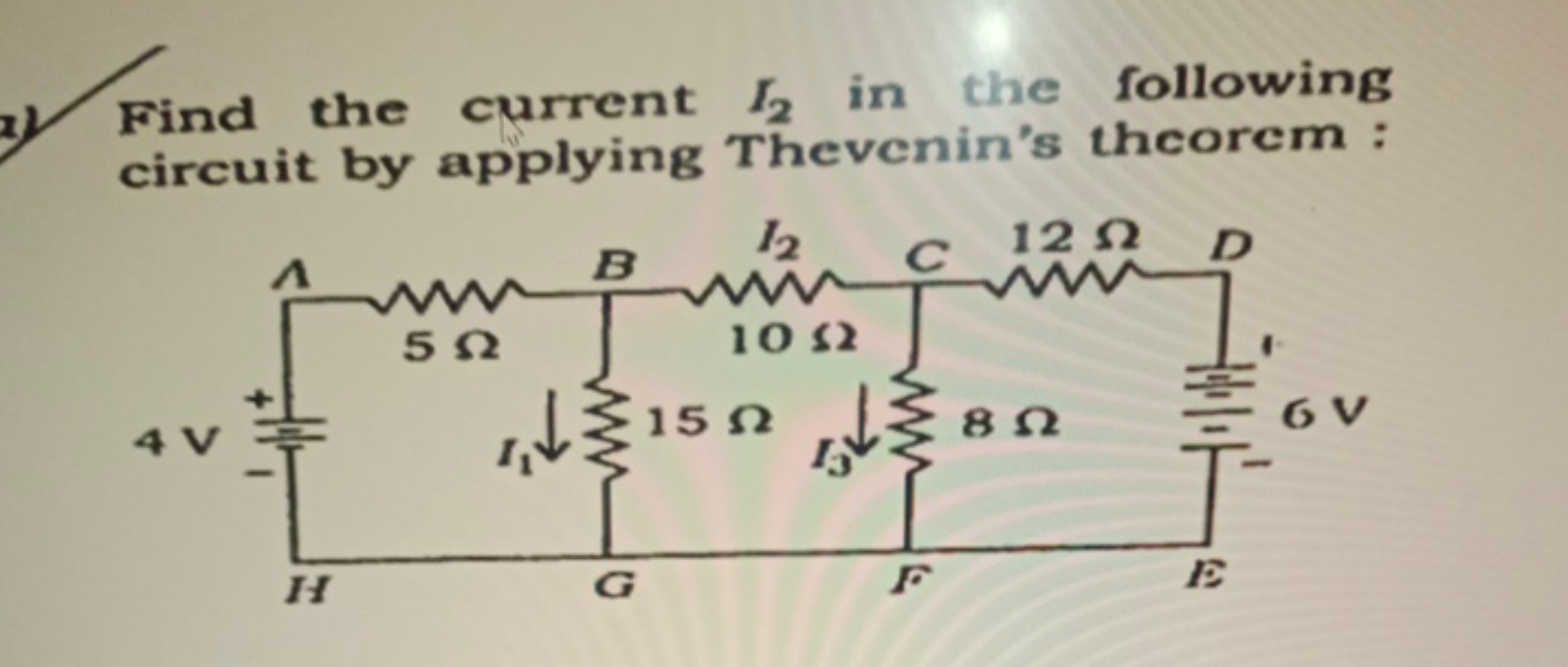 x) Find the current I2​ in the following circuit by applying Thevenin'