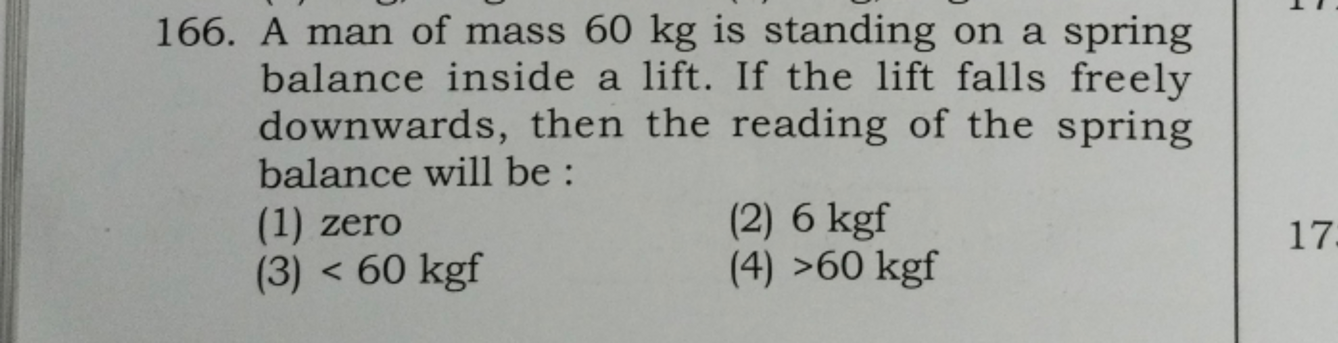 166. A man of mass 60 kg is standing on a spring balance inside a lift