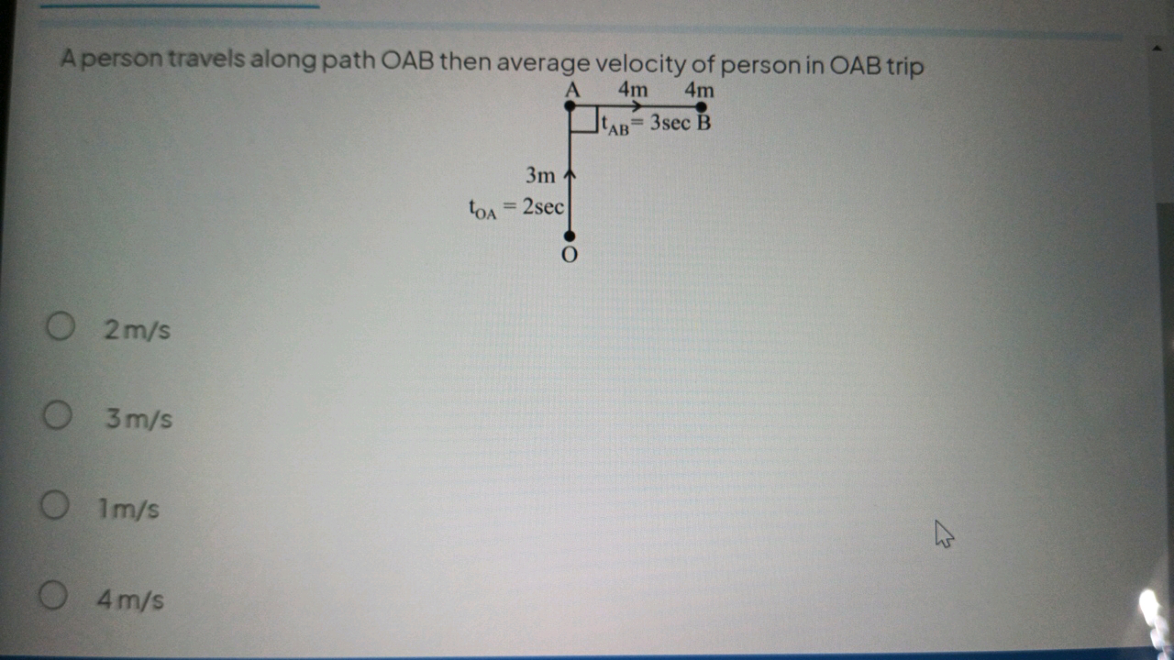 A person travels along path OAB then average velocity of person in OAB