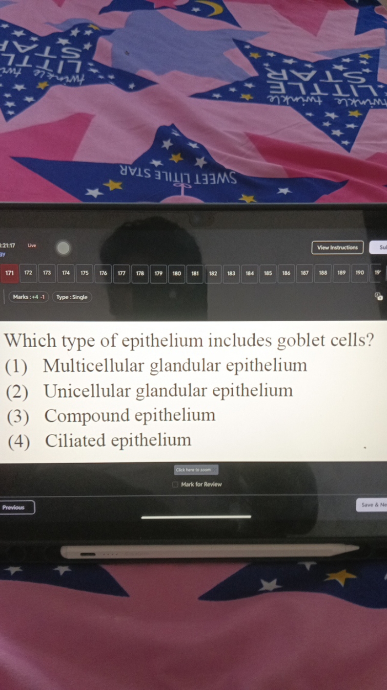 Which type of epithelium includes goblet cells?
(1) Multicellular glan