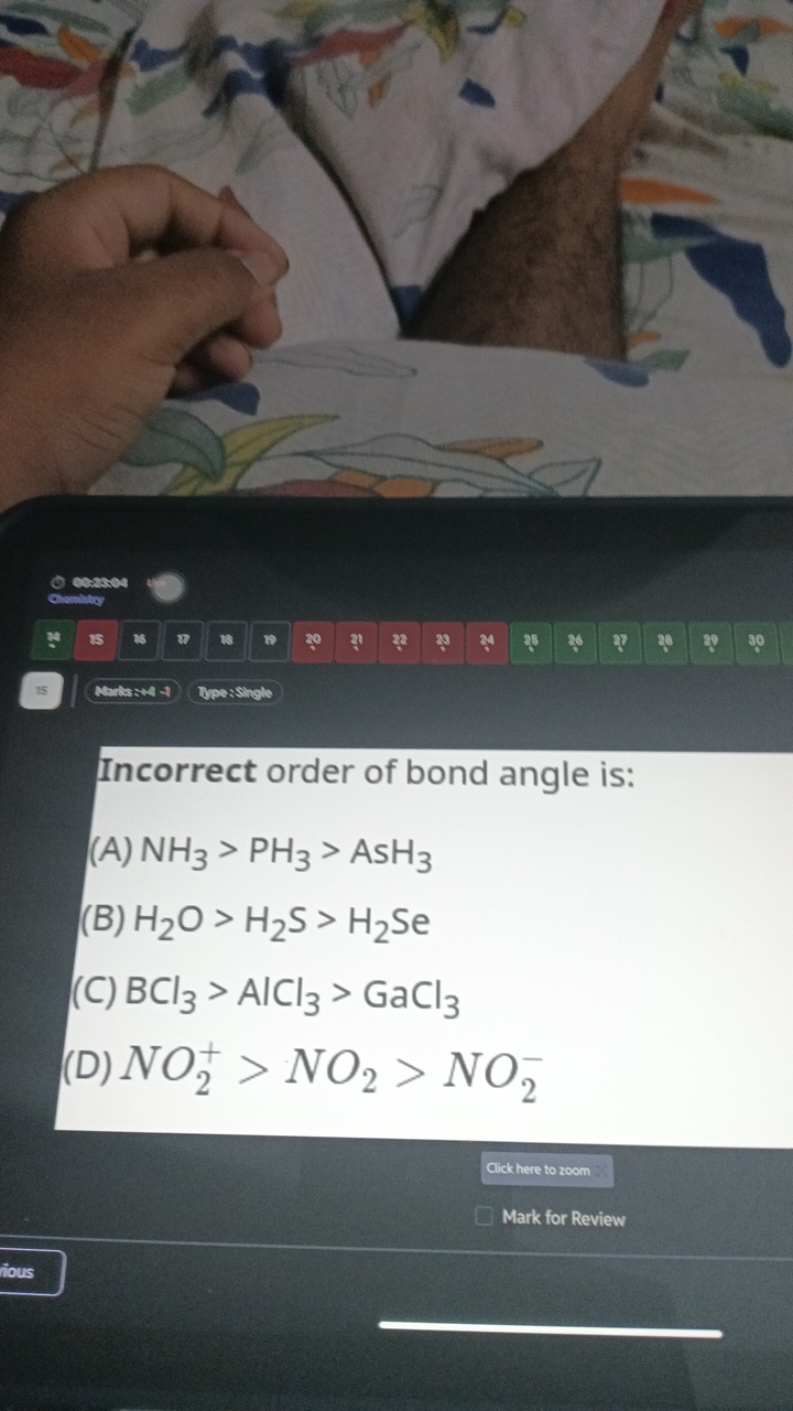 Incorrect order of bond angle is:
(A) NH3​>PH3​>AsH3​
(B) H2​O>H2​ S>H