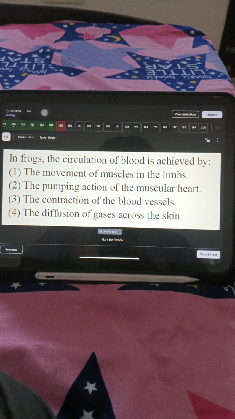 In frogs, the circulation of blood is achieved by:
(1) The movement of