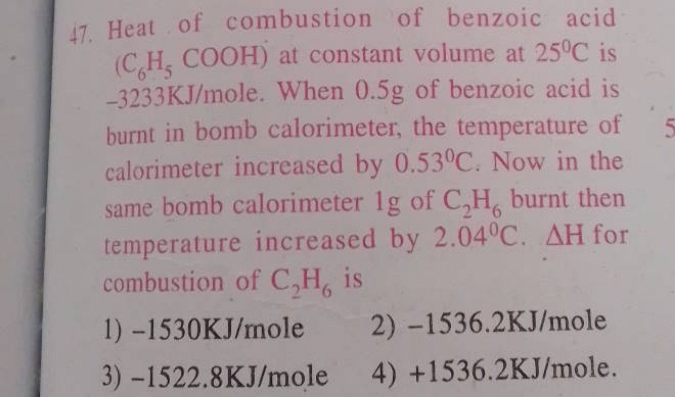 47. Heat of combustion of benzoic acid (C6​H5​COOH) at constant volume