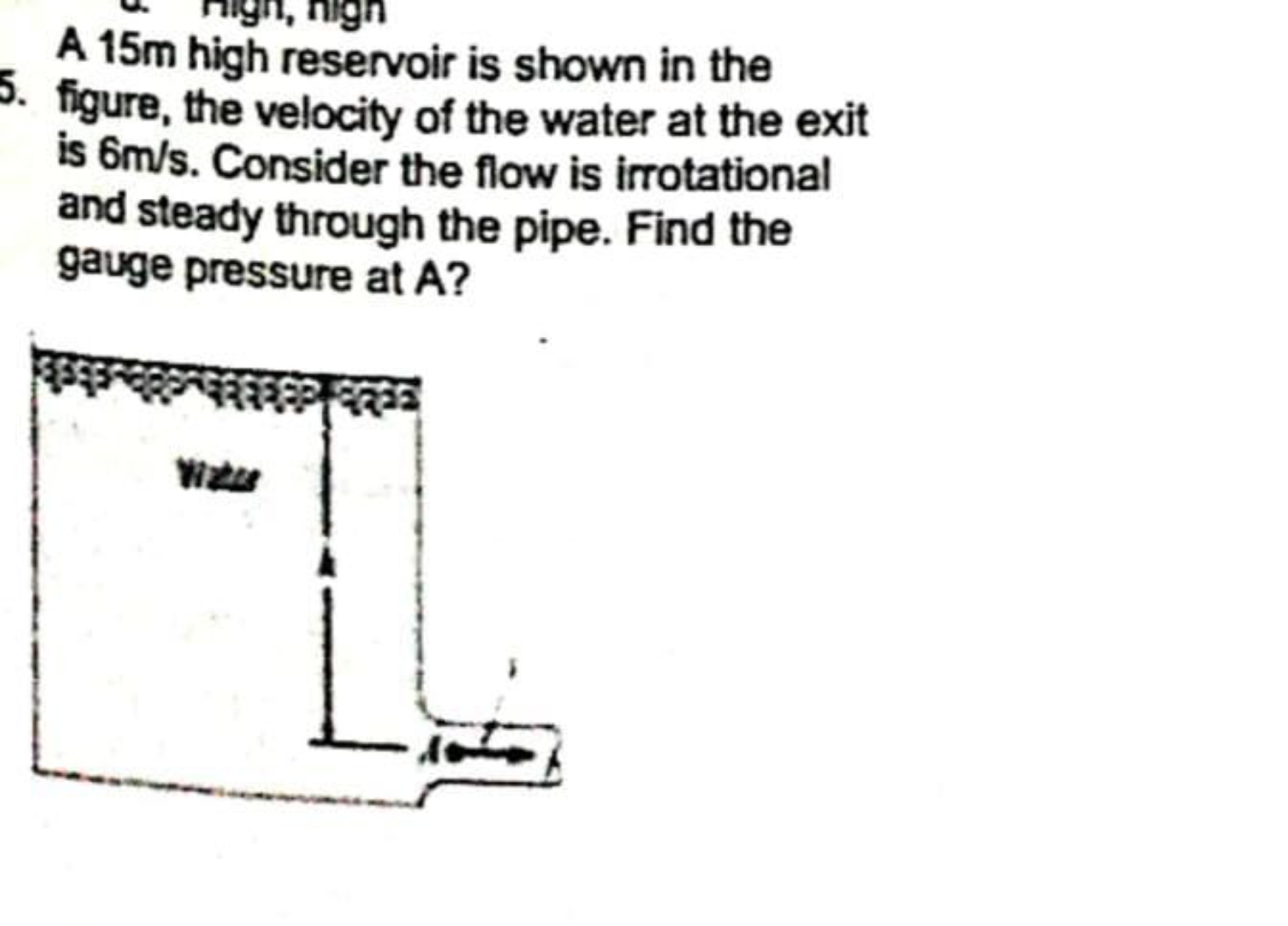 A 15 m high reservoir is shown in the 5. figure, the velocity of the w