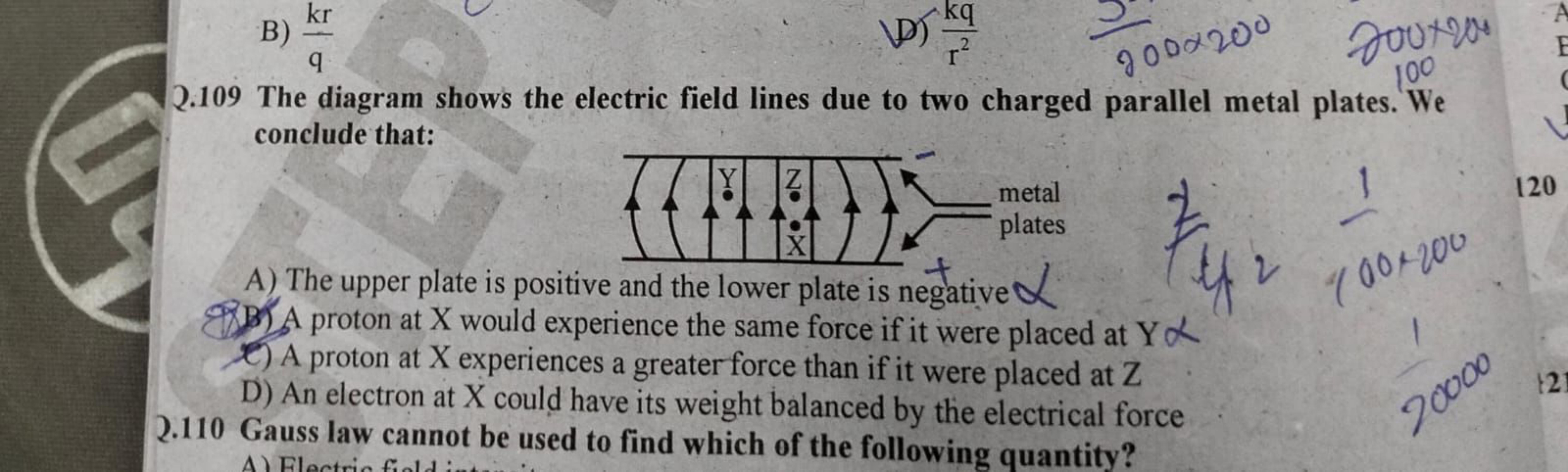 Q.109 The diagram shows the electric field lines due to two charged pa