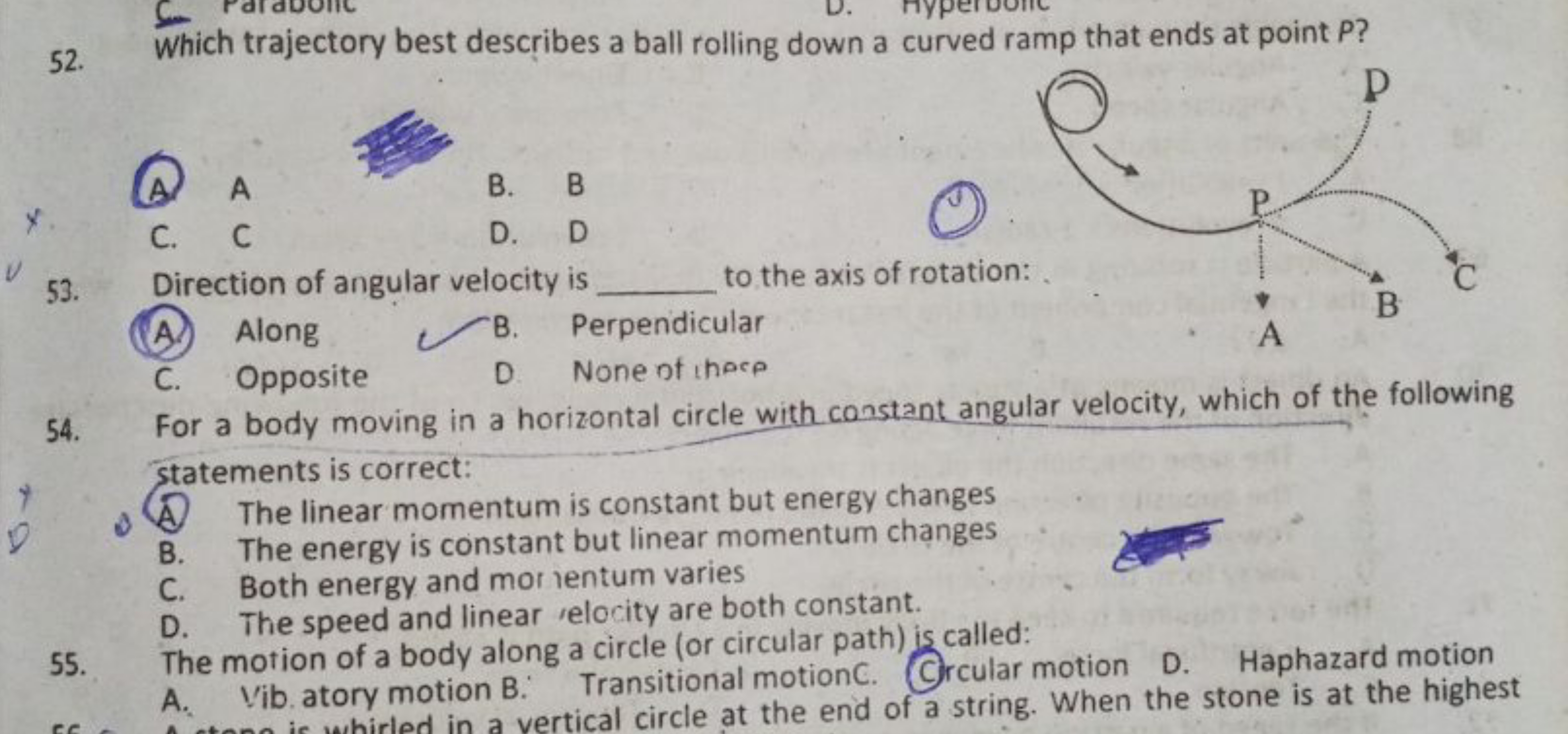 52. Which trajectory best describes a ball rolling down a curved ramp 